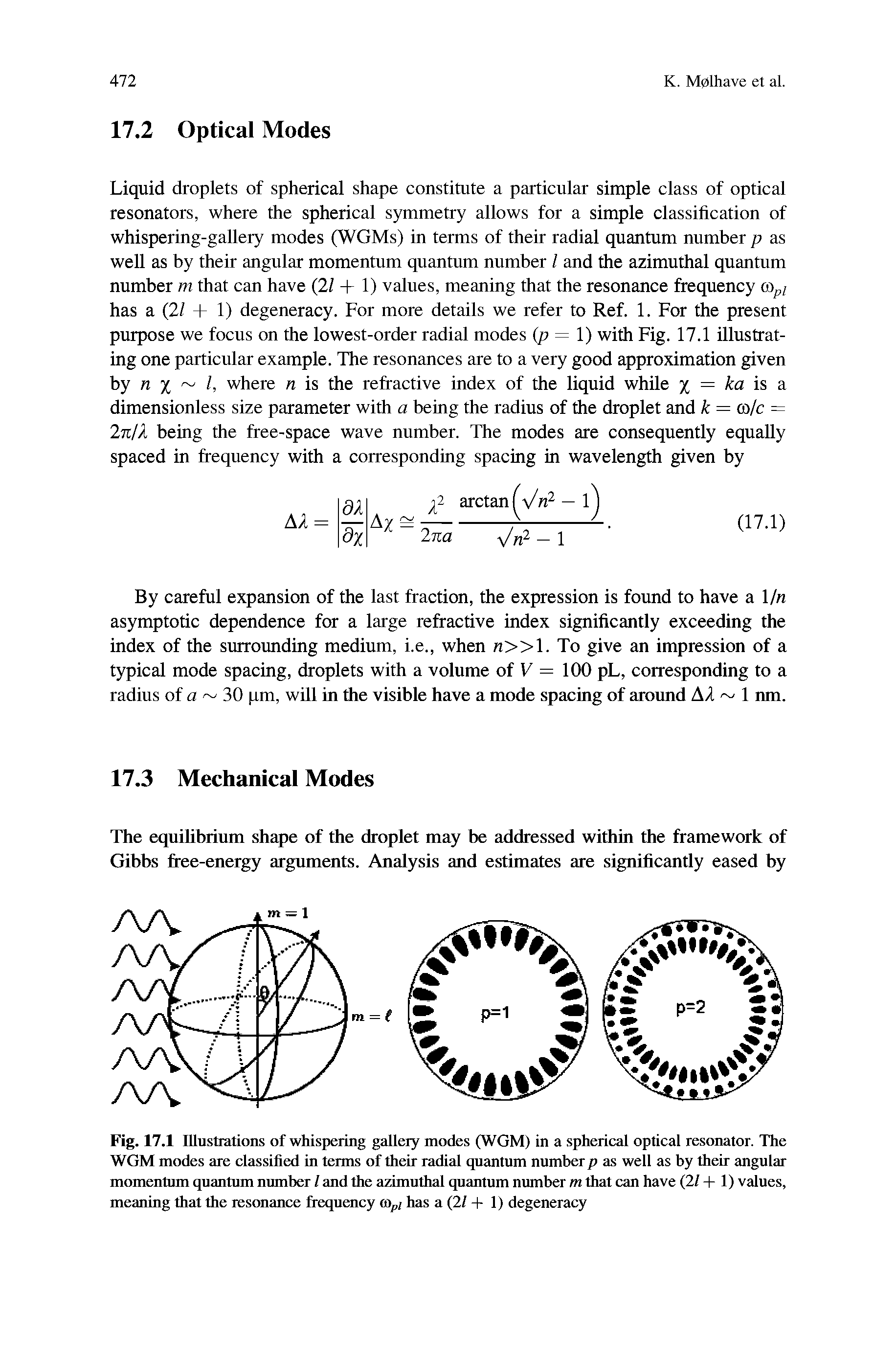 Fig. 17.1 Illustrations of whispering gallery modes (WGM) in a spherical optical resonator. The WGM modes are classified in terms of their radial quantum number p as well as by their angular momentum quantum number / and the azimuthal quantum number m that can have (21+ 1) values, meaning that the resonance frequency ( ,/ has a (2/ + 1) degeneracy...