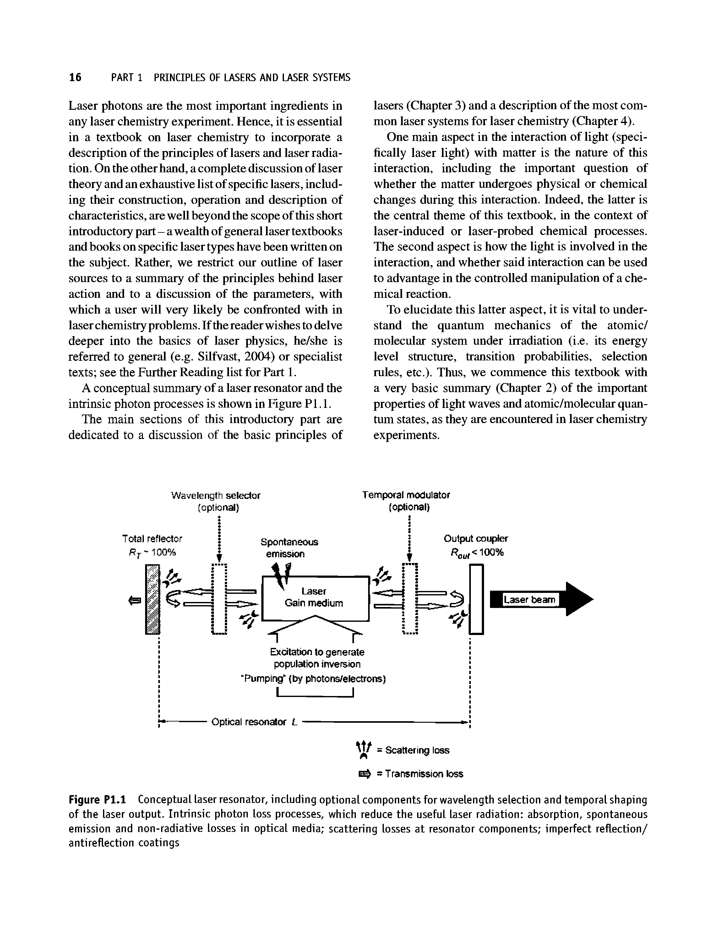 Figure Pl.l Conceptual laser resonator, including optional components for wavelength selection and temporal shaping of the laser output. Intrinsic photon loss processes, which reduce the useful laser radiation absorption, spontaneous emission and non-radiative losses in optical media scattering losses at resonator components imperfect reflection/ antireflection coatings...