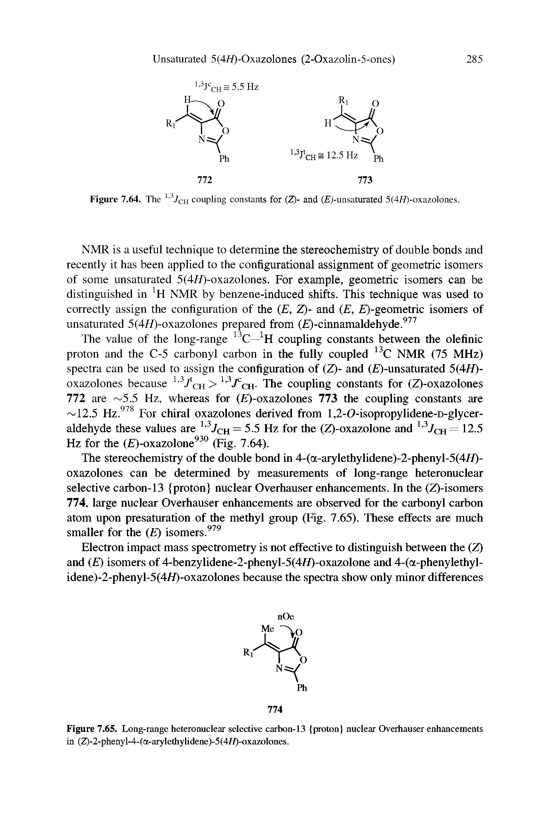 Figure 7.65. Long-range heteronuclear selective carbon-13 proton nuclear Overhauser enhancements in (Z)-2-phenyl-4-(a-arylethylidene)-5(47/)-oxazolones.