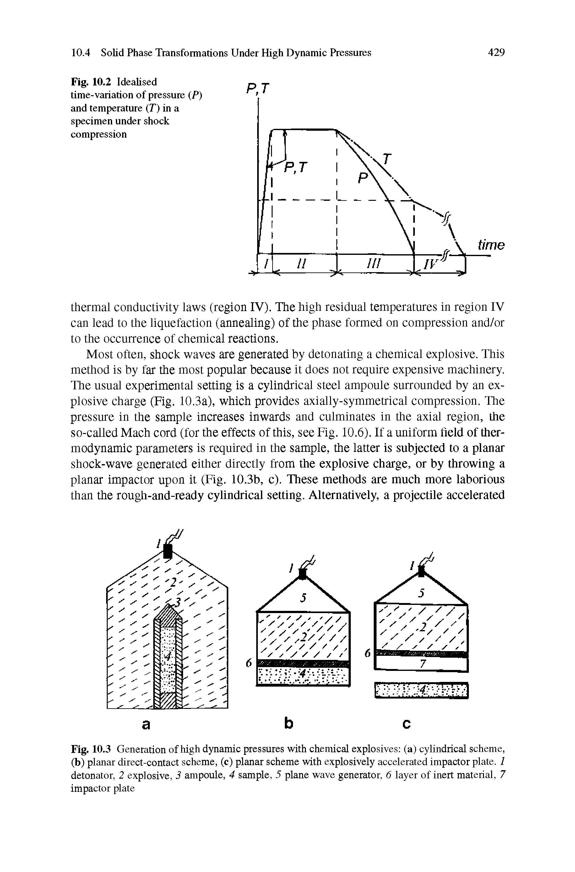 Fig. 10.3 Generation of high dynamic pressures with chemical explosives (a) cylindrical scheme, (b) planar direct-contact scheme, (c) planar scheme with explosively accelerated impactor plate. 1 detonator, 2 explosive, 3 ampoule, 4 sample, 5 plane wave generator, 6 layer of inert material, 7 impactor plate...