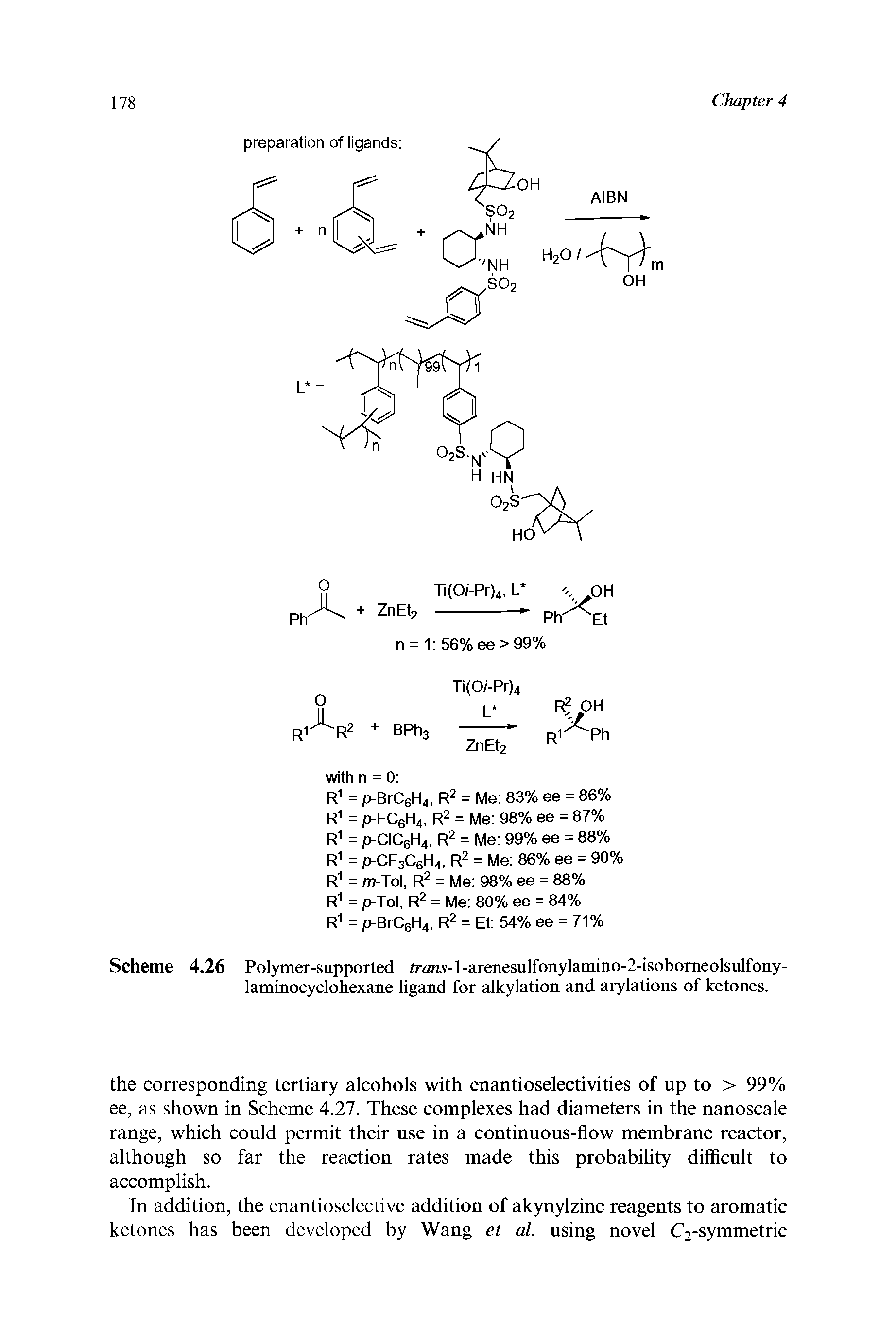 Scheme 4.26 Polymer-supported traw5-l-arenesulfonylamino-2-isoborneolsulfony-laminocyclohexane ligand for alkylation and arylations of ketones.