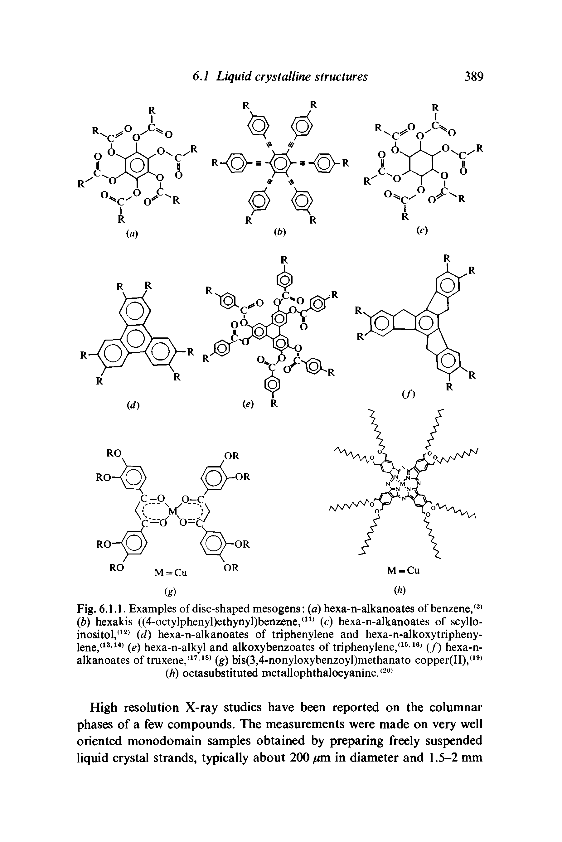 Fig. 6.1.1. Examples of disc-shaped mesogens (a) hexa-n-alkanoates of benzene, (b) hexakis ((4-octylphenyl)ethynyl)benzene, (c) hexa-n-alkanoates of scyllo-inositol, (d) hexa-n-alkanoates of triphenylene and hexa-n-alkoxytripheny-lene, (e) hexa-n-alkyl and alkoxybenzoates of triphenylene,(/) hexa-n-alkanoates of truxene, - (g) bis(3, nonyloxybenzoyl)methanato copper(II), > (/)) octasubstituted metallophthalocyanine. ...