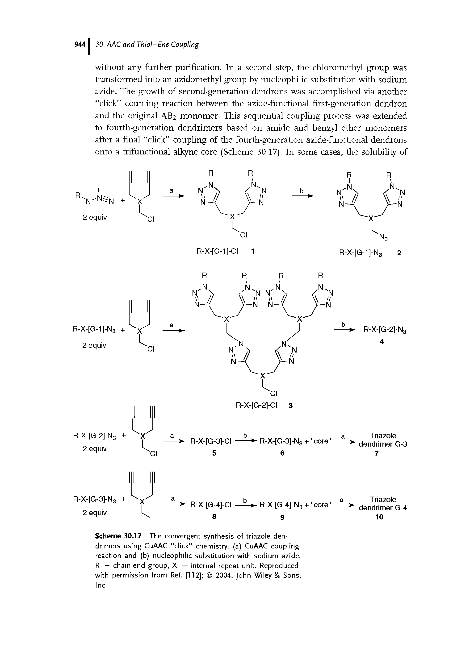 Scheme 30.17 The convergent synthesis of triazole dendrimers using CuAAC click chemistry, (a) CuAAC coupling reaction and (b) nucleophilic substitution with sodium azide. R = chain-end group, X = internal repeat unit. Reproduced with permission from Ref [112] 2004, john Wiley. Sons, Inc.