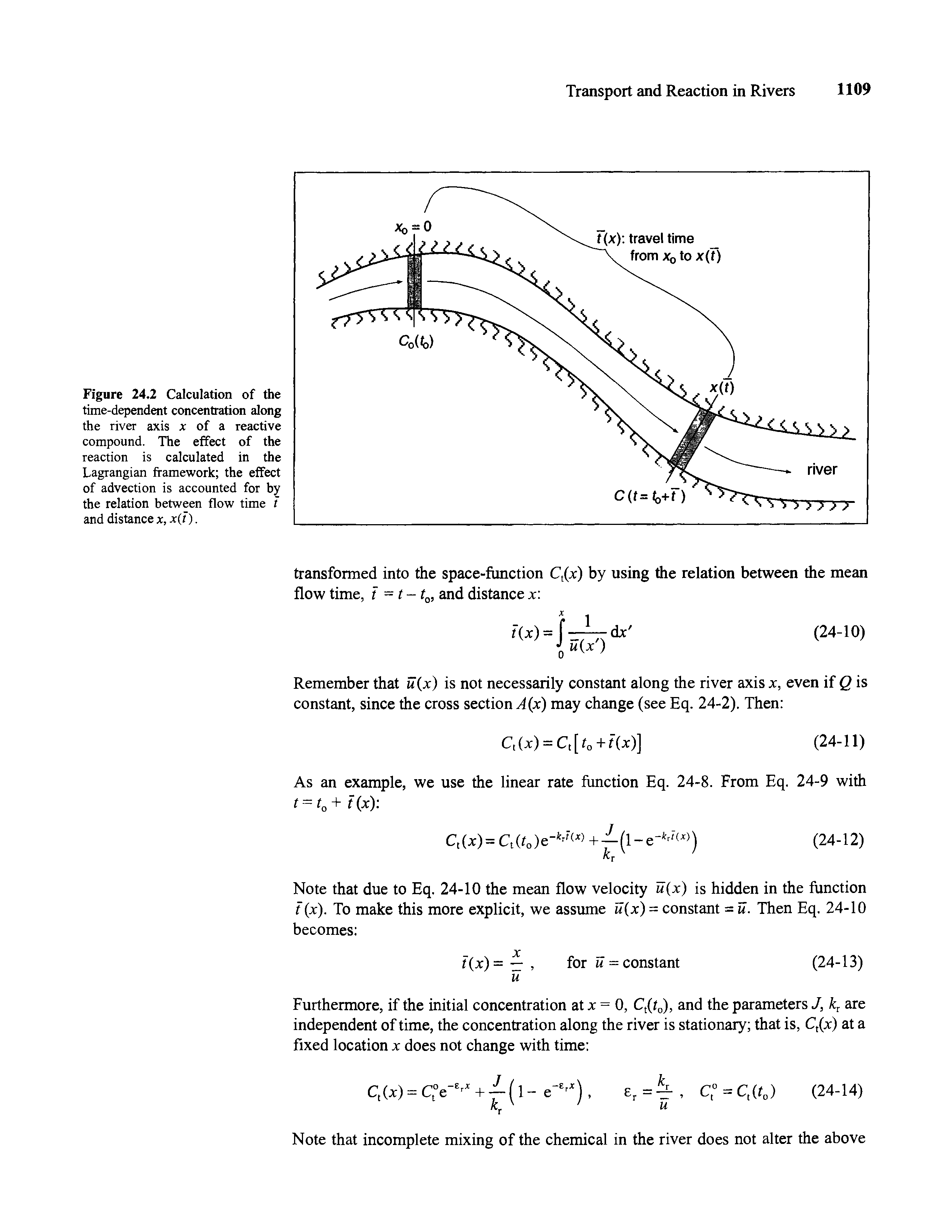 Figure 24.2 Calculation of the time-dependent concentration along the river axis x of a reactive compound. The effect of the reaction is calculated in the Lagrangian framework the effect of advection is accounted for by the relation between flow time t and distance x, x(t).