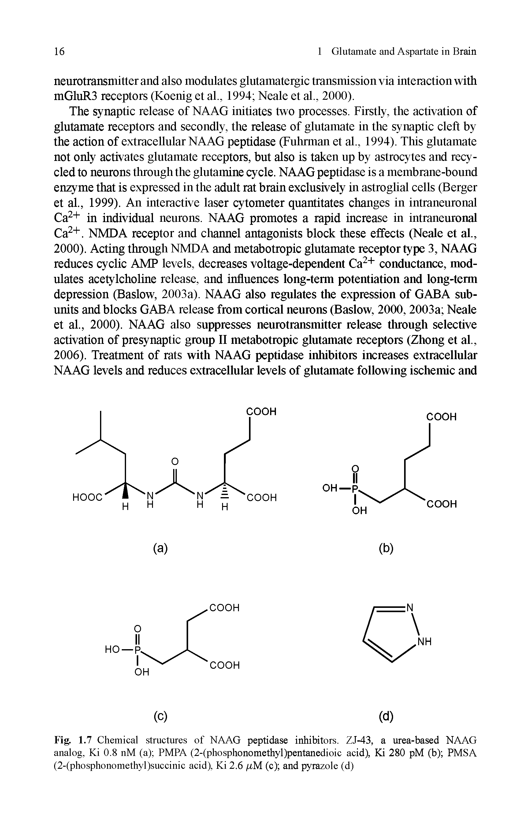 Fig. 1.7 Chemical structures of NAAG peptidase inhibitors. ZJ-43, a urea-based NAAG analog, Ki 0.8 nM (a) PMPA (2-(phosphonomethyl)pentanedioic acid), Ki 280 pM (b) PMSA (2-(phosphonomethyl)succinic acid), Ki 2.6 /itM (c) and pyrazole (d)...