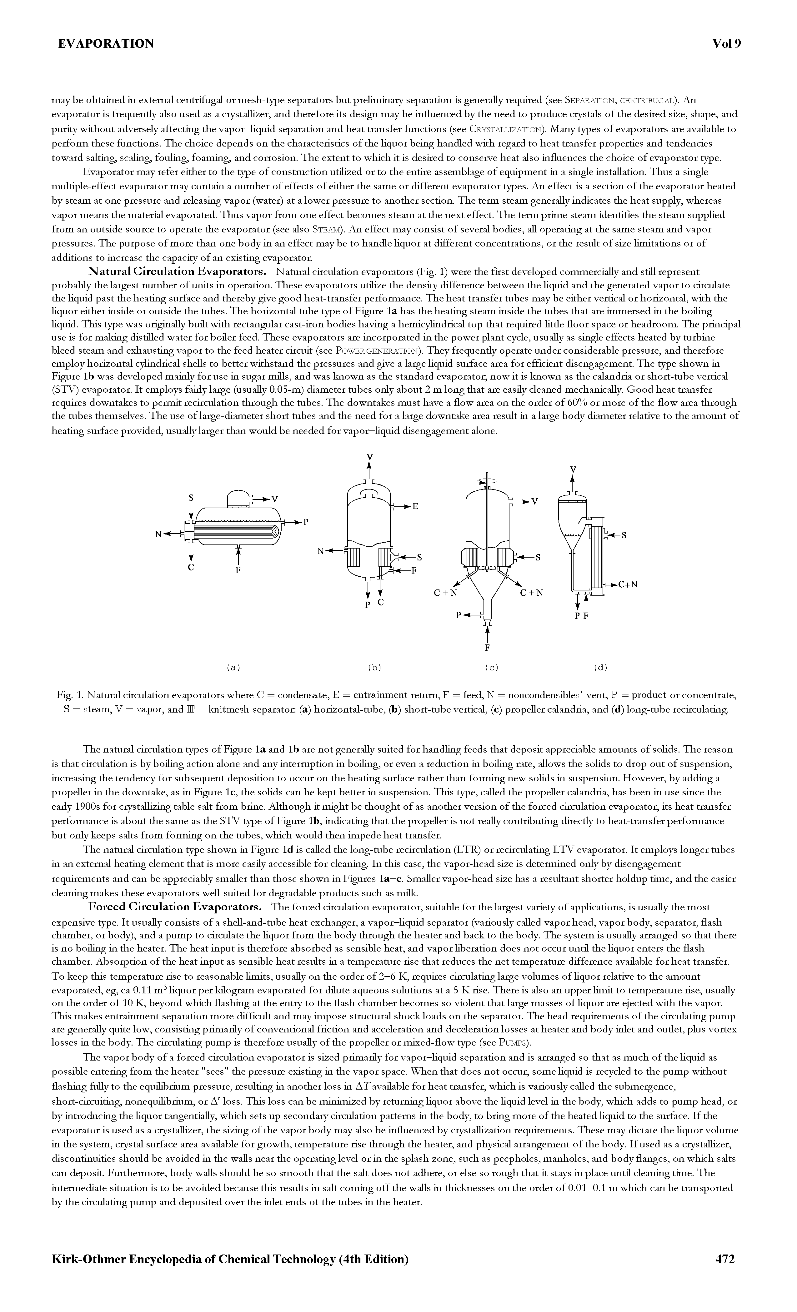 Fig. 1. Natural ckculation evaporators where C = condensate, E = entrainment return, F = feed, N = noncondensibles vent, P = product or concentrate, S = steam, V = vapor, and M = knitmesh separator (a) horizontal-tube, (b) short-tube vertical, (c) propeUer calandria, and (d) long-tube reckculating.