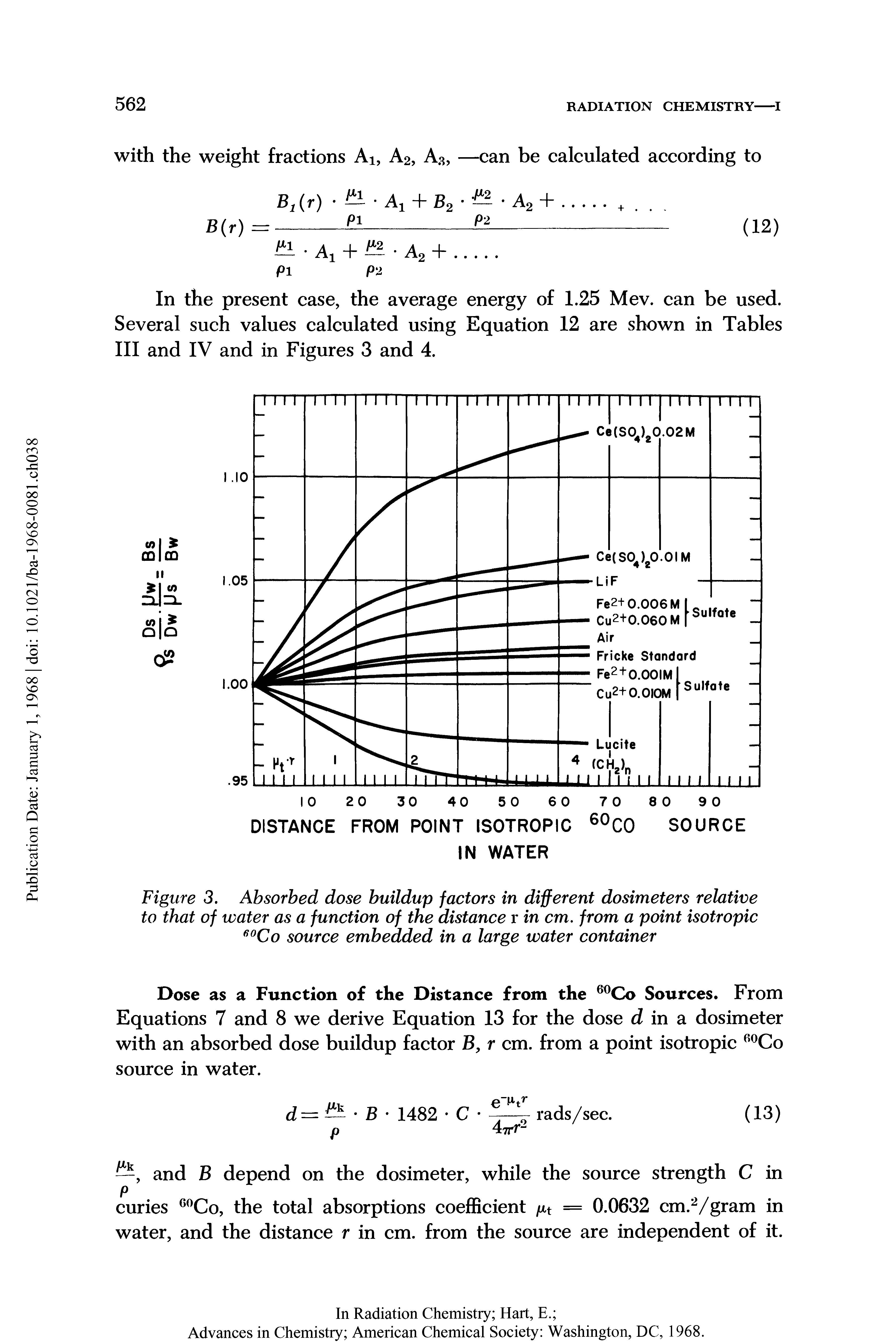 Figure 3. Absorbed dose buildup factors in different dosimeters relative to that of water as a function of the distance r in cm. from a point isotropic 60Co source embedded in a large water container...