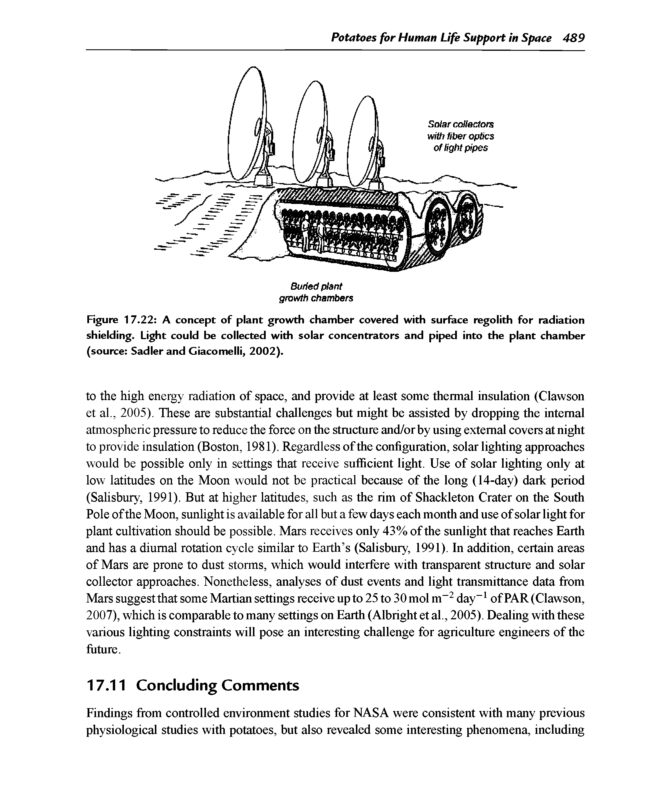 Figure 17.22 A concept of plant growth chamber covered with surface regolith for radiation shielding. Light could be collected with solar concentrators and piped into the plant chamber (source Sadler and Giacomelli, 2002).