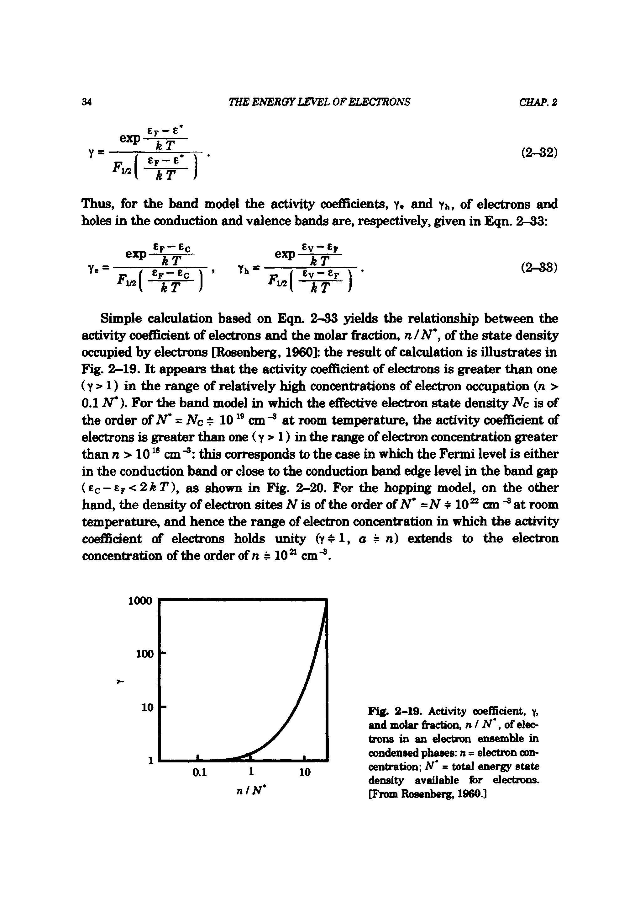 Fig. 2-19. Activity coefficient, y, and molar fraction, n/ N, of electrons in an electron ensemble in condensed phases n - electron concentration N = total energy state density available for electrons. [From Rosenberg, I960.]...