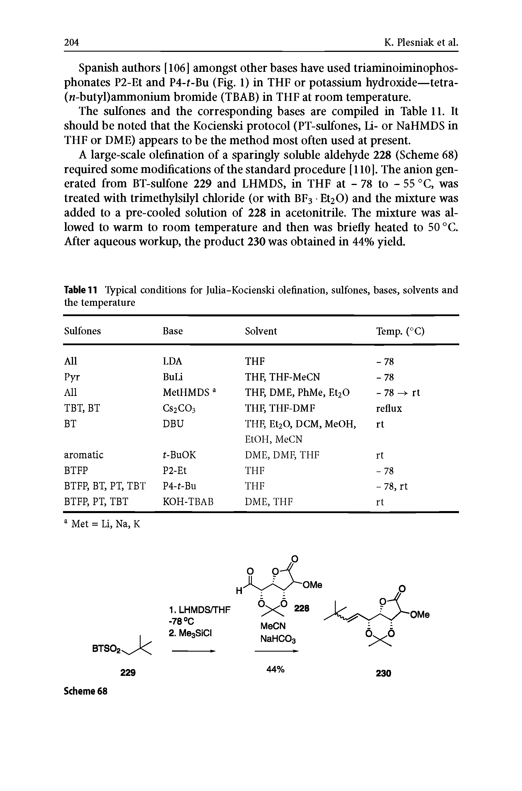 Table 11 Typical conditions for Julia-Kocienski olefination, sulfones, bases, solvents and the temperature...