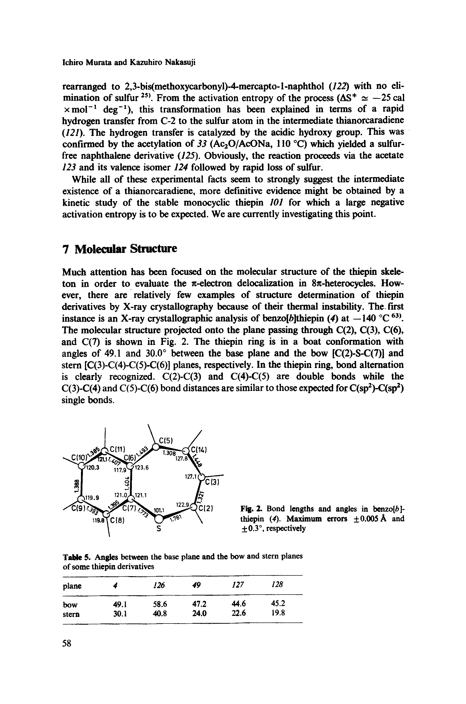 Table 5. Angles between the base plane and the bow and stem planes of some thiepin derivatives...