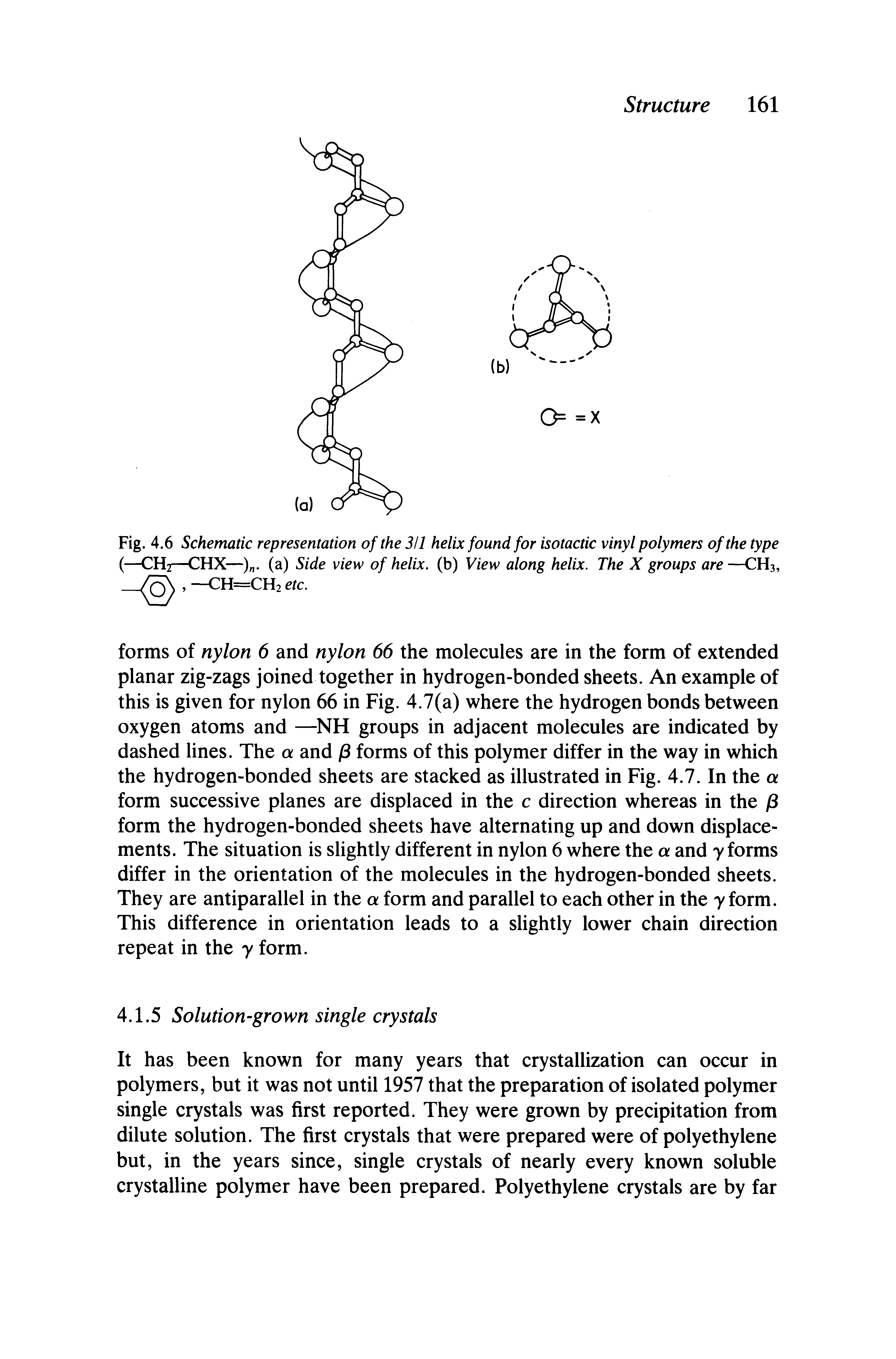 Fig. 4.6 Schematic representation of the 311 helix found for isotactic vinyl polymers of the type (—CH2—CHX—) . (a) Side view of helix, (b) View along helix. The X groups are —CH3, —CH=CH2 etc.