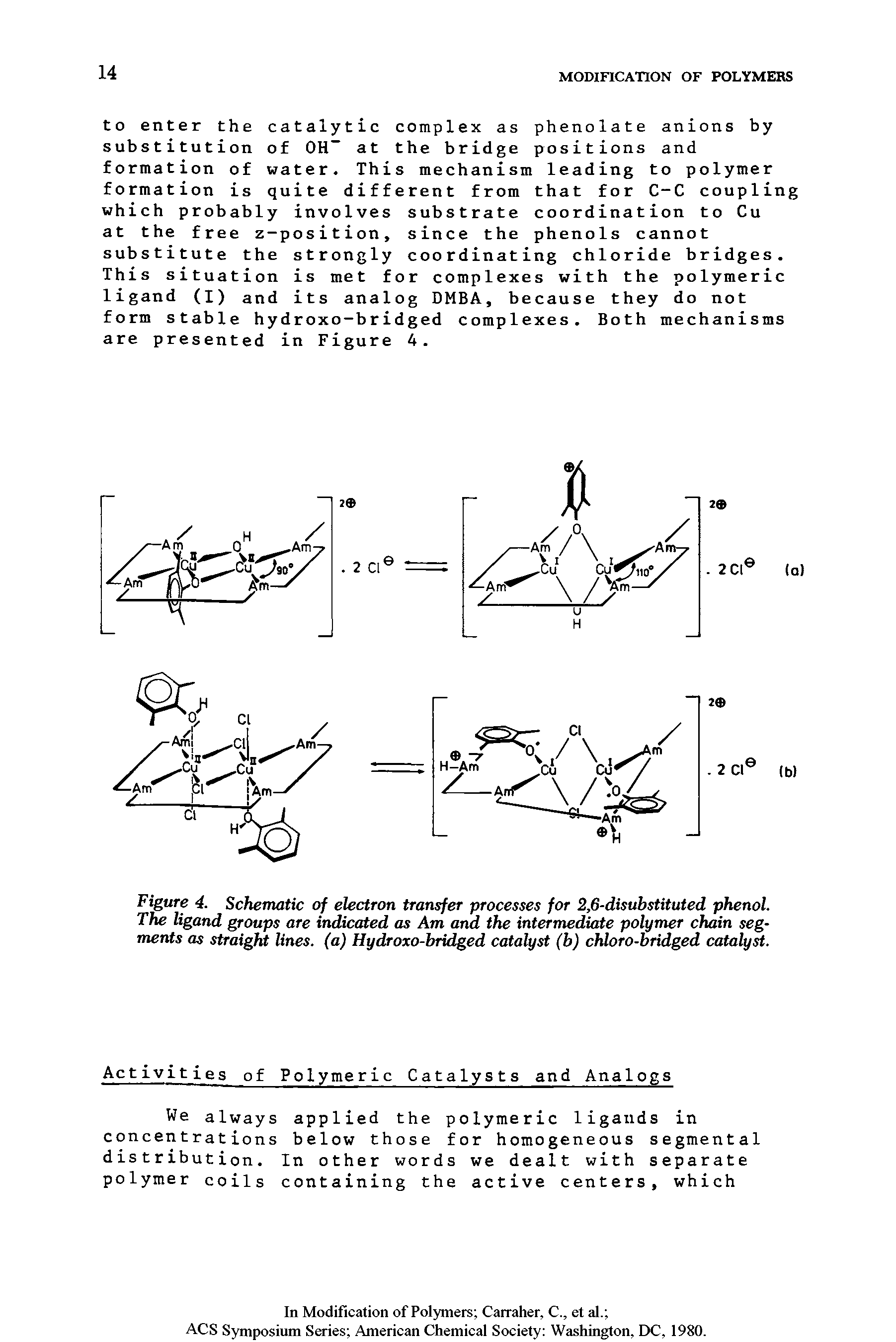 Figure 4. Schematic of electron transfer processes for 2,6-disubstituted phenol. The ligand groups are indicated as Am and the intermediate polymer chain segments as straight lines, (a) Hydroxo-bridged catalyst (b) chloro-bridged catalyst.