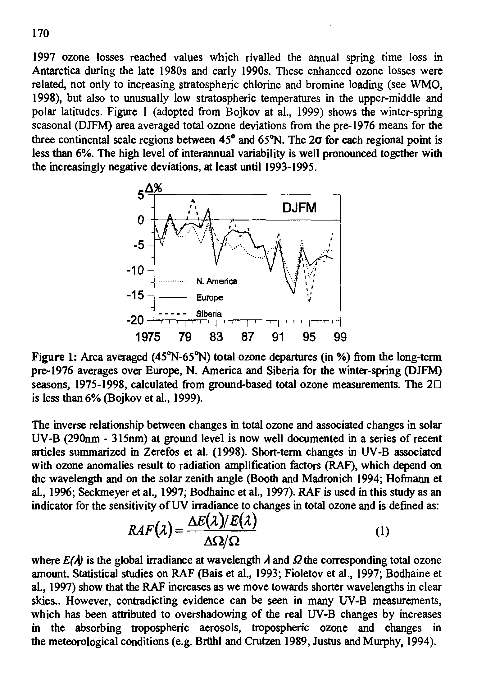 Figure 1 Area averaged (45°N-65°N) total ozone departures (in %) from the long-term pre-1976 averages over Europe, N. America and Siberia for the winter-spring (DJFM) seasons, 1975-1998, calculated from ground-based total ozone measurements. The 2D is less than 6% (Bojkov et al., 1999).