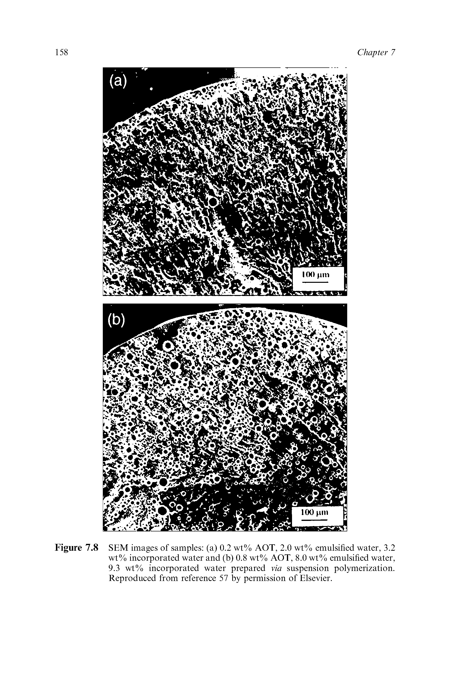 Figure 7.8 SEM images of samples (a) 0.2 wt% AOT, 2.0 wt% emulsified water, 3.2 wt% incorporated water and (b) 0.8 wt% AOT, 8.0 wt% emulsified water, 9.3 wt% incorporated water prepared via suspension polymerization. Reproduced from reference 57 by permission of Elsevier.