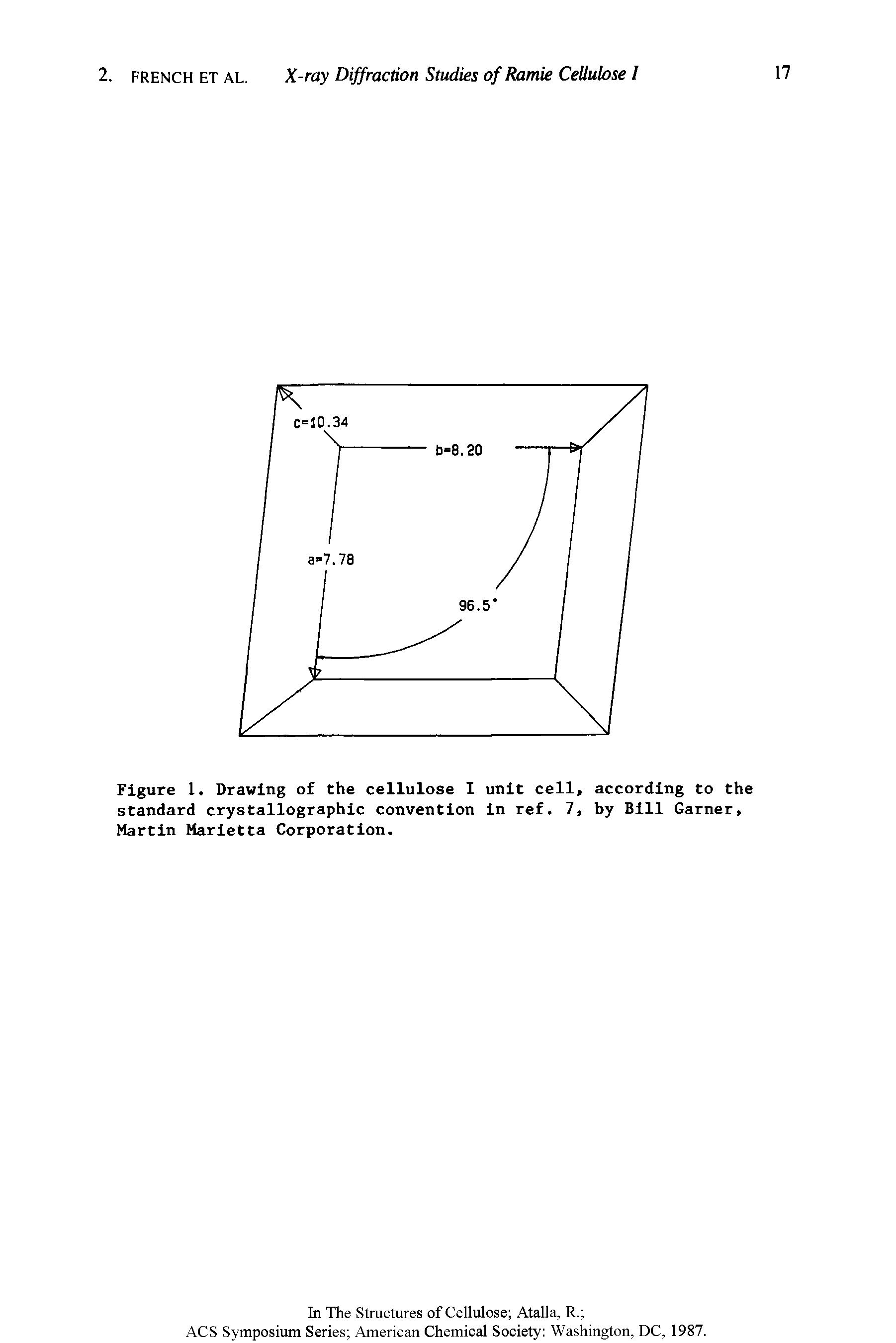 Figure 1. Drawing of the cellulose I unit cell, according to the standard crystallographic convention in ref. 7, by Bill Garner, Martin Marietta Corporation.