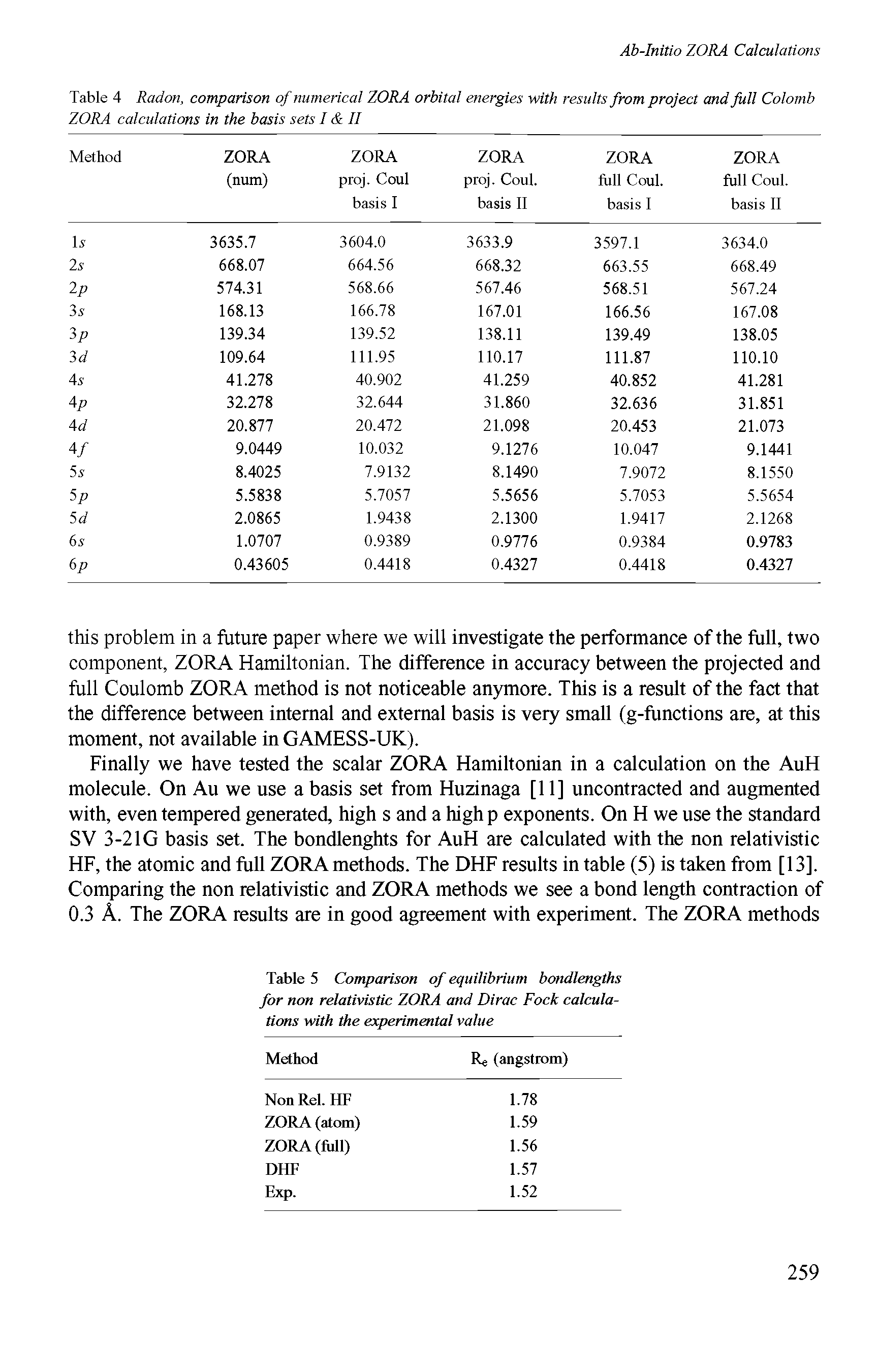 Table 5 Comparison of equilibrium bondlengths for non relativistic ZORA and Dirac Fock calculations with the experimental value...