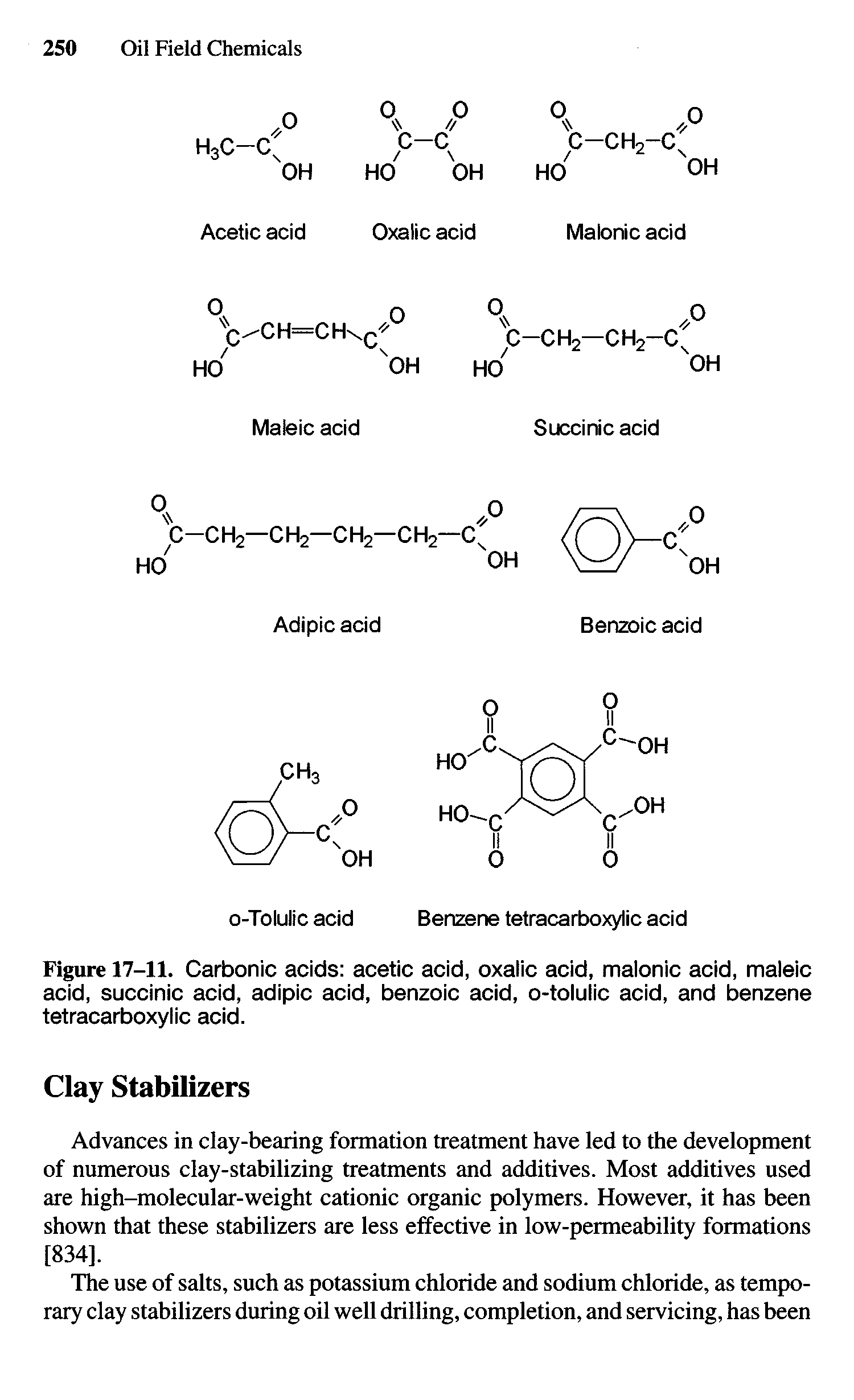 Figure 17-11. Carbonic acids acetic acid, oxalic acid, malonic acid, maleic acid, succinic acid, adipic acid, benzoic acid, o-tolulic acid, and benzene tetracarboxylic acid.