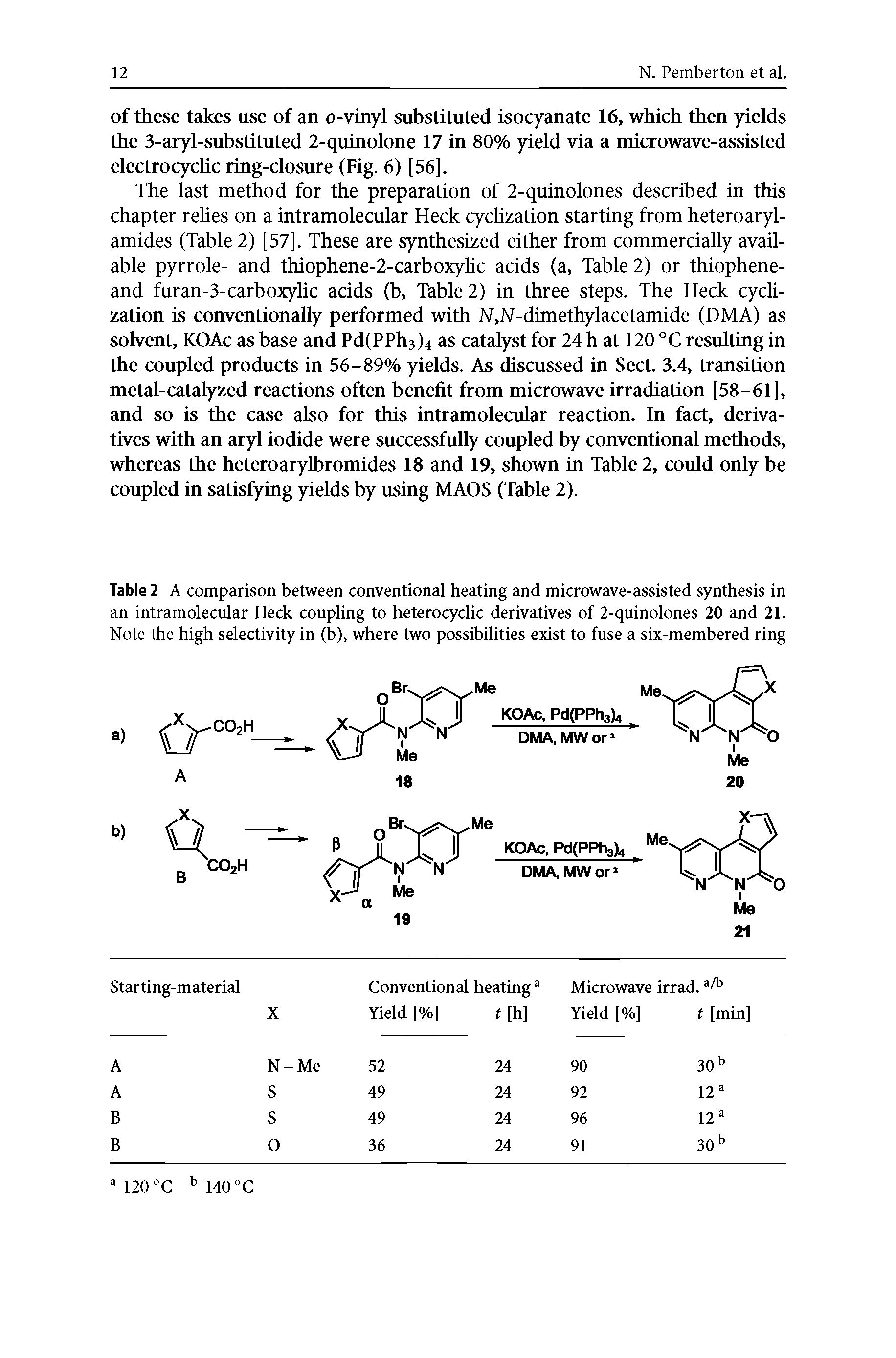 Table 2 A comparison between conventional heating and microwave-assisted synthesis in an intramolecular Heck coupling to heterocyclic derivatives of 2-quinolones 20 and 21. Note the high selectivity in (b), where two possibilities exist to fuse a six-membered ring...