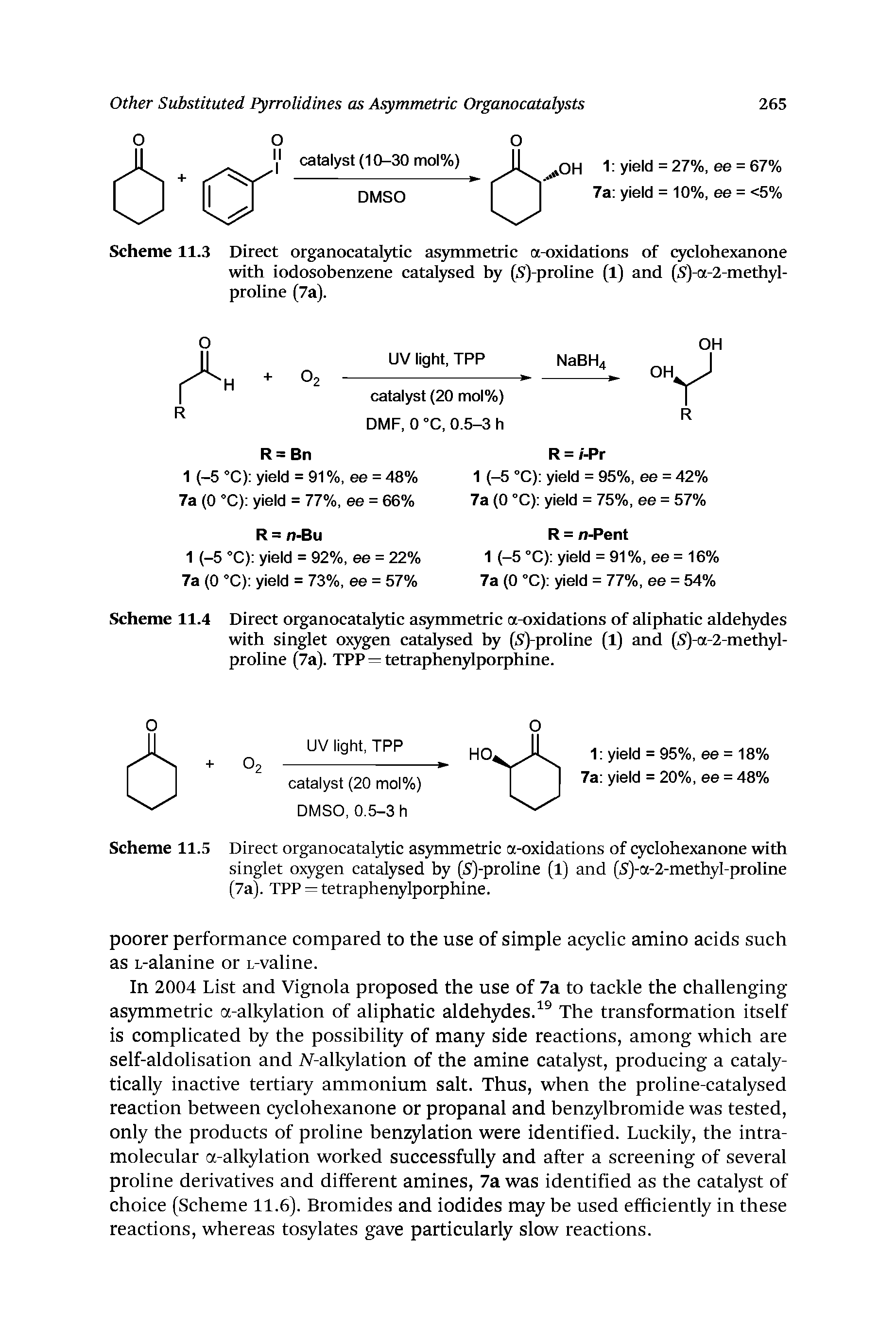 Scheme 11.3 Direct organocatatytic as5mnmetric a-oxidations of cyclohexanone with iodosobenzene catatysed by (S )-proline (1) and (S )-a-2-methyl-proline (7a).