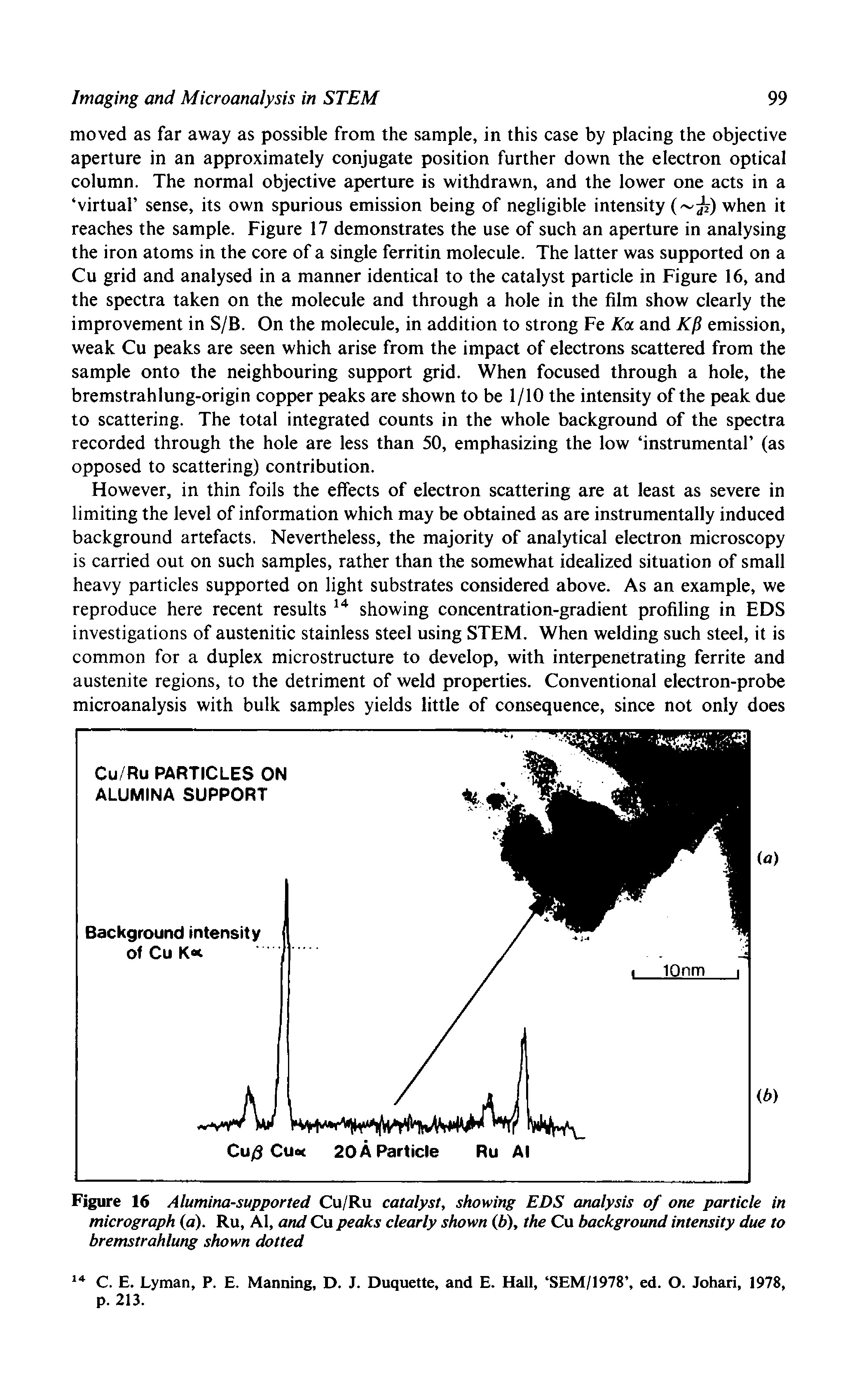 Figure 16 Alumina-supported Cu/Ru catalyst, showing EDS analysis of one particle in micrograph (a). Ru, Al, and Cu peaks clearly shown (b), the Cu background intensity due to bremstrahlung shown dotted...