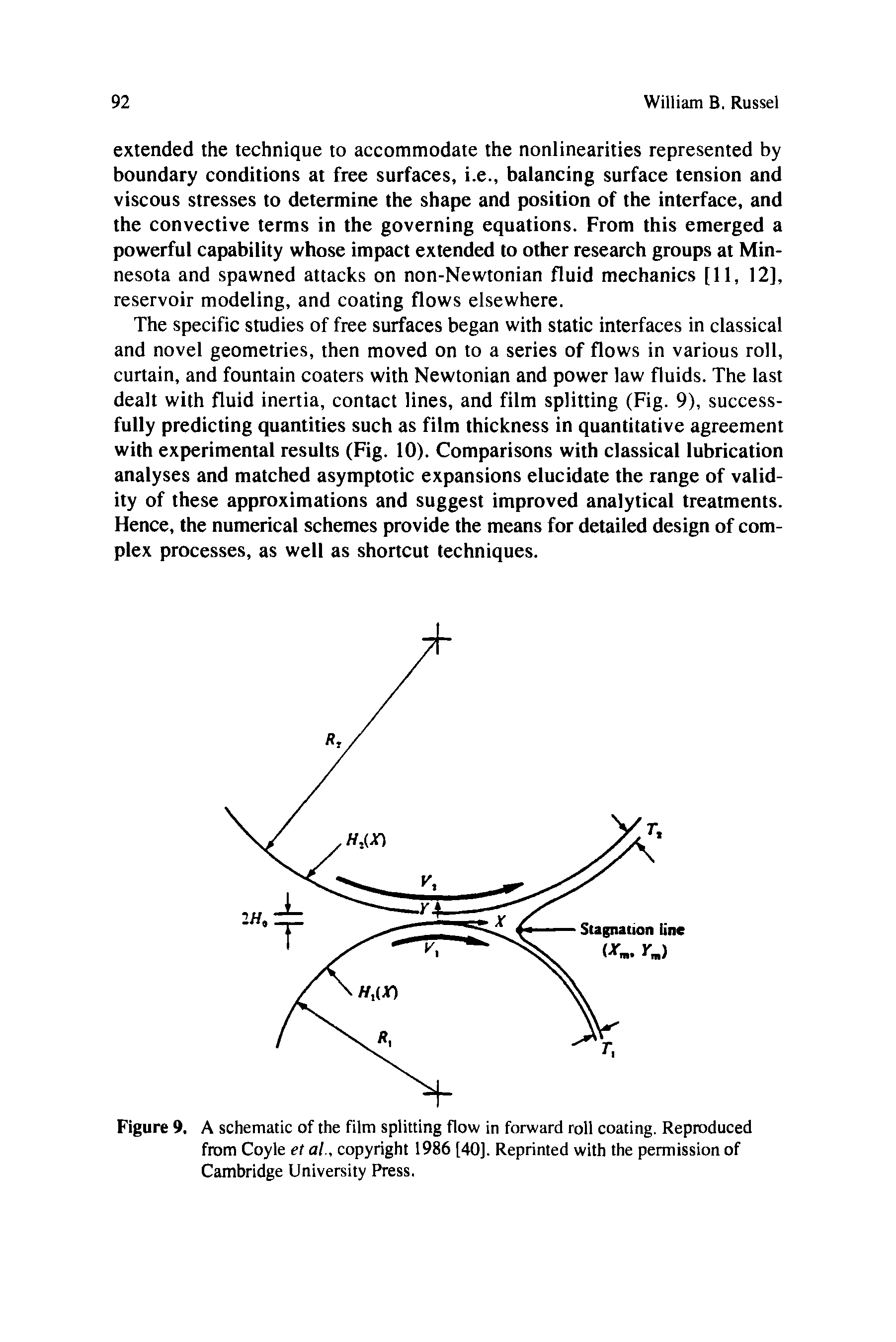 Figure 9, A schematic of the film splitting flow in forward roll coating. Reproduced from Coyle et ai, copyright 1986 [40]. Reprinted with the permission of Cambridge University Press.