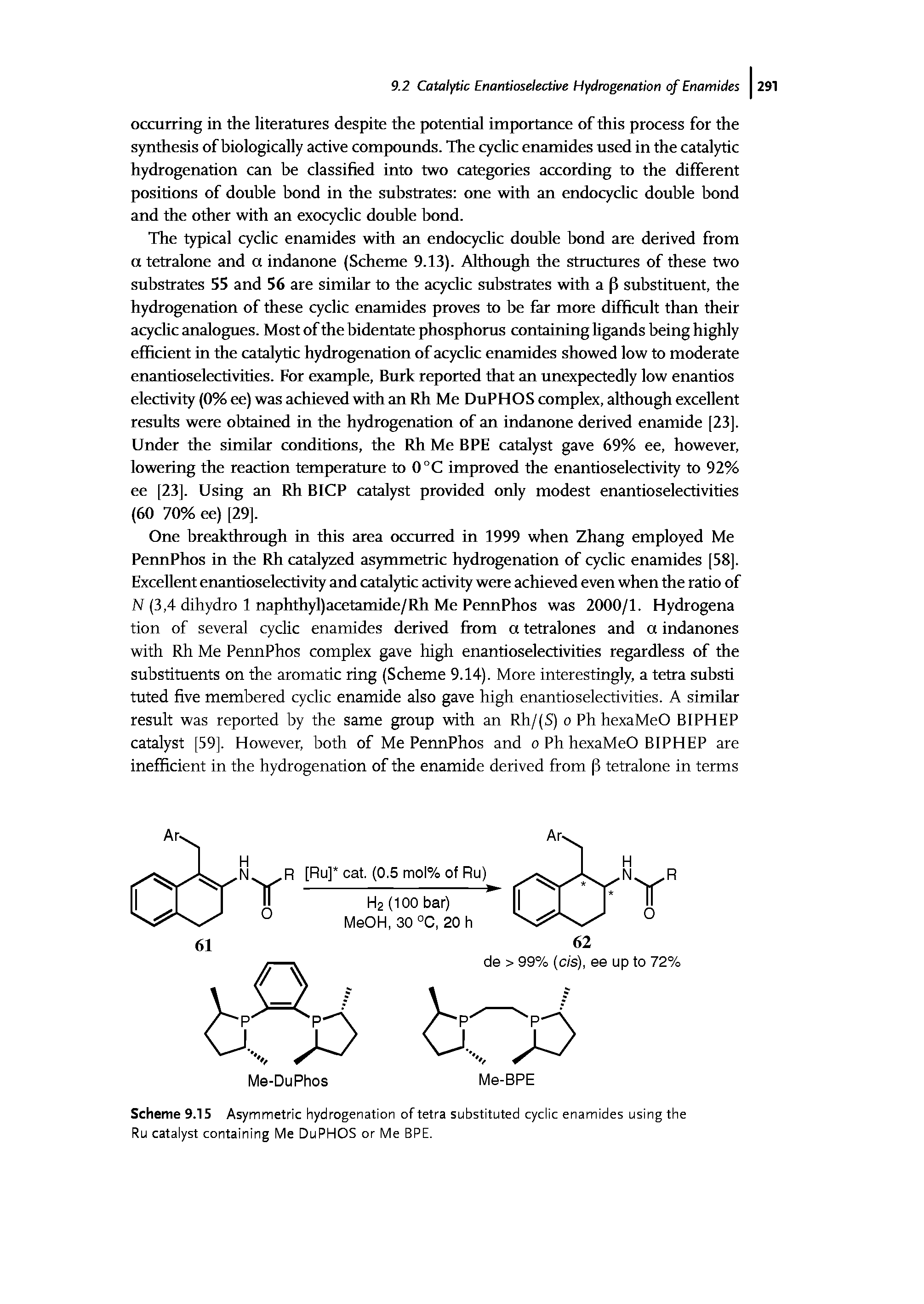 Scheme 9.15 Asymmetric hydrogenation of tetra substituted cyclic enamides using the Ru catalyst containing Me DuPHOS or Me BPE.