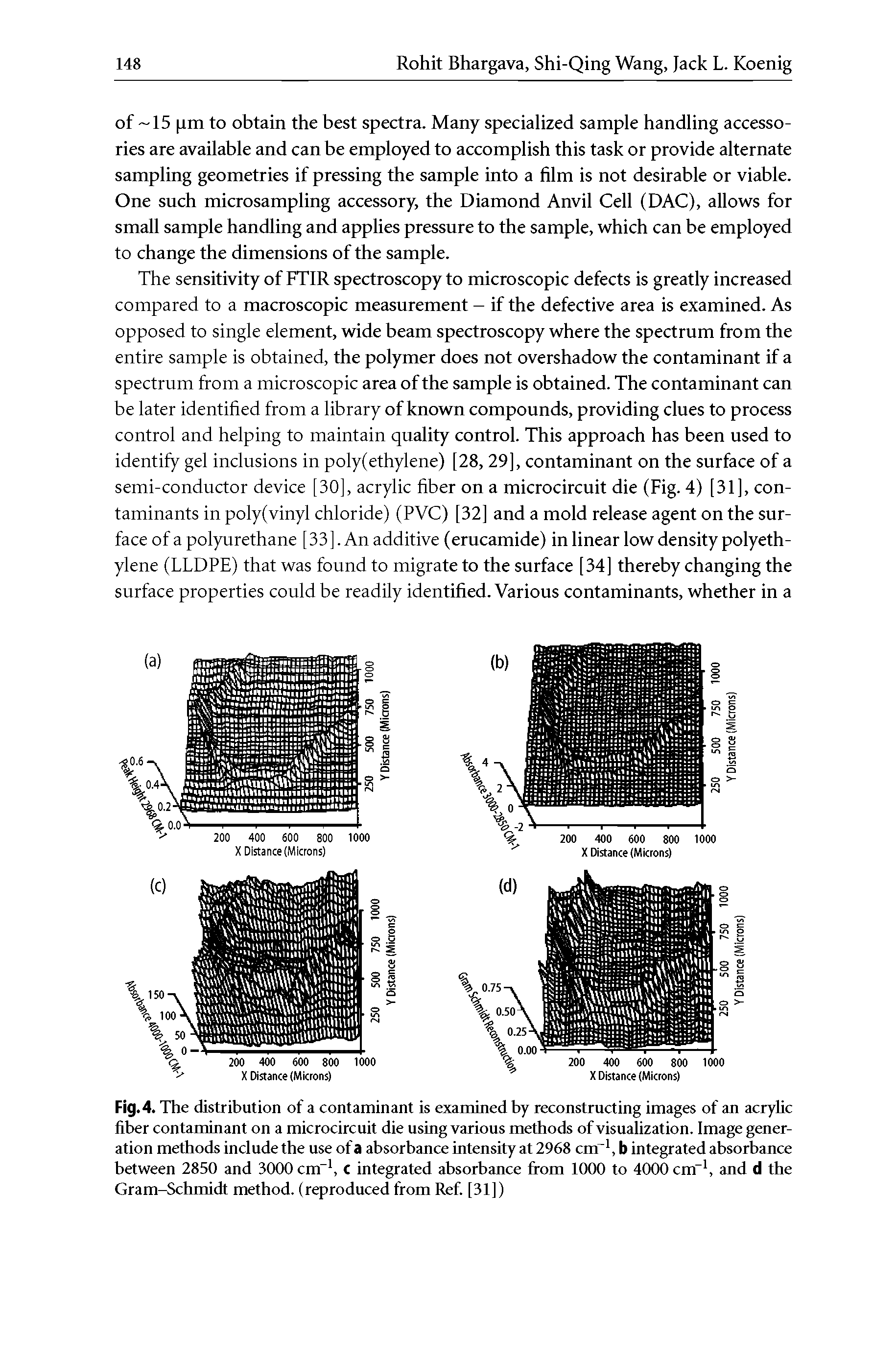 Fig.4. The distribution of a contaminant is examined by reconstructing images of an acrylic fiber contaminant on a microcircuit die using various methods of visualization. Image generation methods include the use of a absorbance intensity at 2968 cm, b integrated absorbance between 2850 and 3000 cm"b C integrated absorbance from 1000 to 4000 cm , and d the Gram-Schmidt method, (reproduced from Ref. [31])...