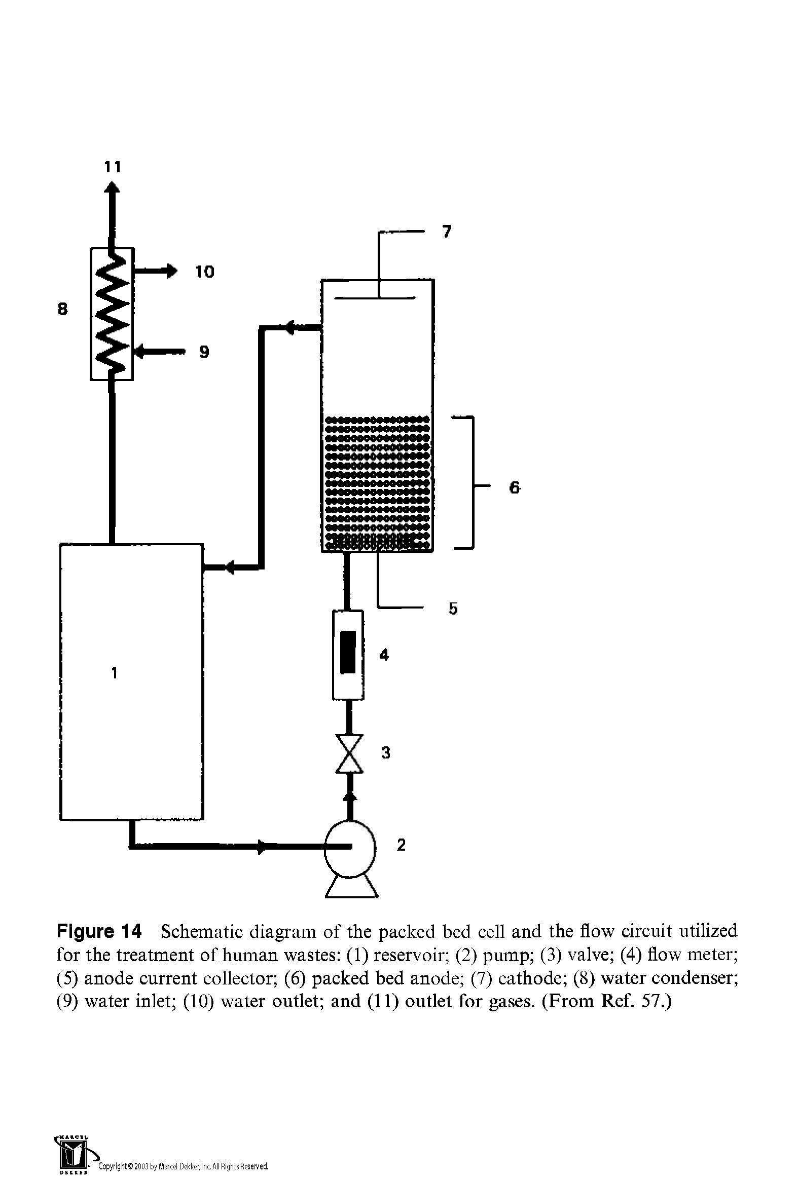 Figure 14 Schematic diagram of the packed bed cell and the flow circuit utilized for the treatment of human wastes (1) reservoir (2) pump (3) valve (4) flow meter (5) anode current collector (6) packed bed anode (7) cathode (8) water condenser (9) water inlet (10) water outlet and (11) outlet for gases. (From Ref. 57.)...