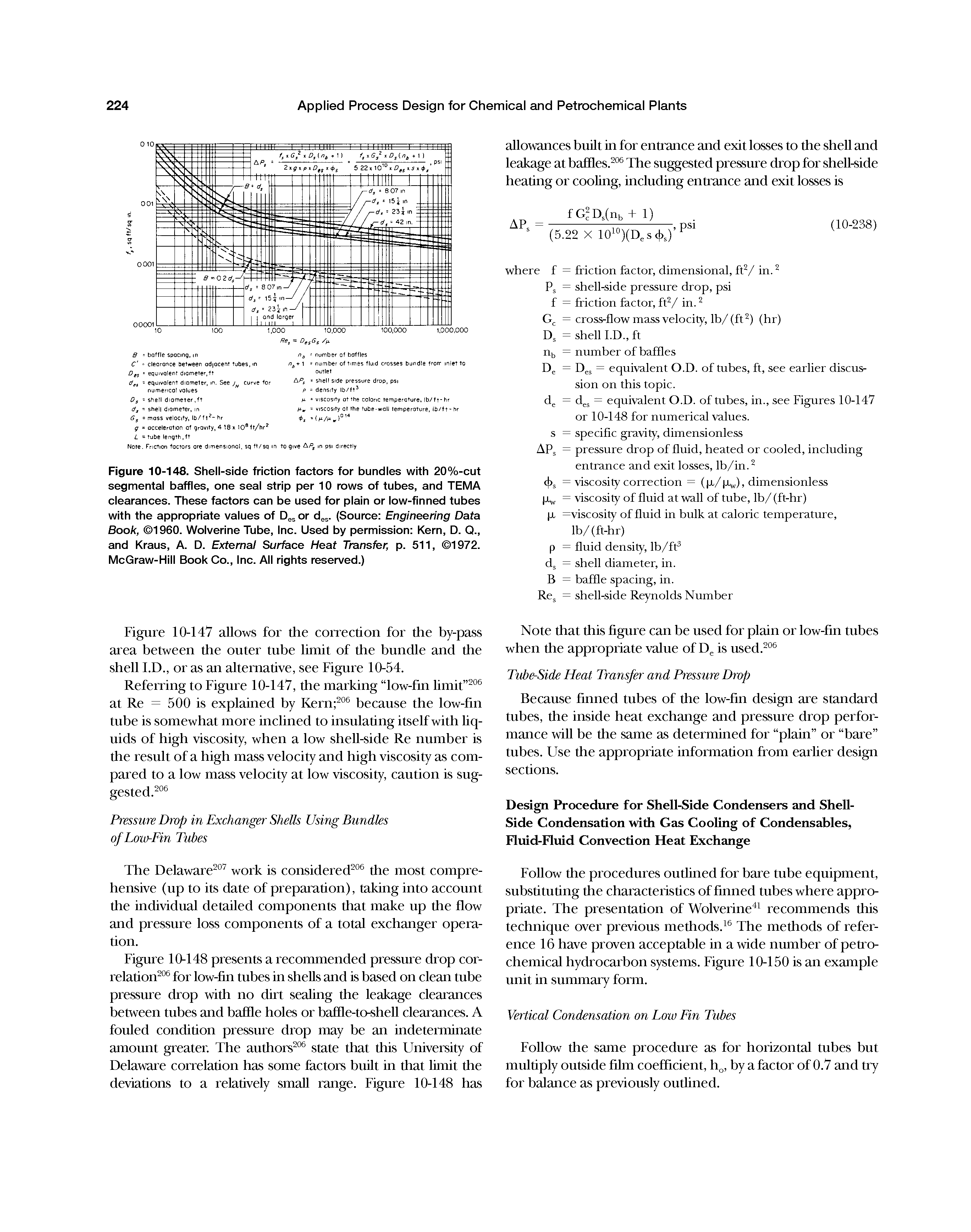 Figure 10-148. Shell-side friction factors for bundles with 20%-cut segmental baffles, one seal strip per 10 rows of tubes, and TEMA clearances. These factors can be used for plain or low-finned tubes with the appropriate values of D s or d s. (Source Engineering Data Book, 1960. Wolverine Tube, Inc. Used by permission Kern, D. Q., and Kraus, A. D. External Surface Heat Transfer, p. 511, 1972. McGraw-Hill Book Co., Inc. All rights reserved.)...