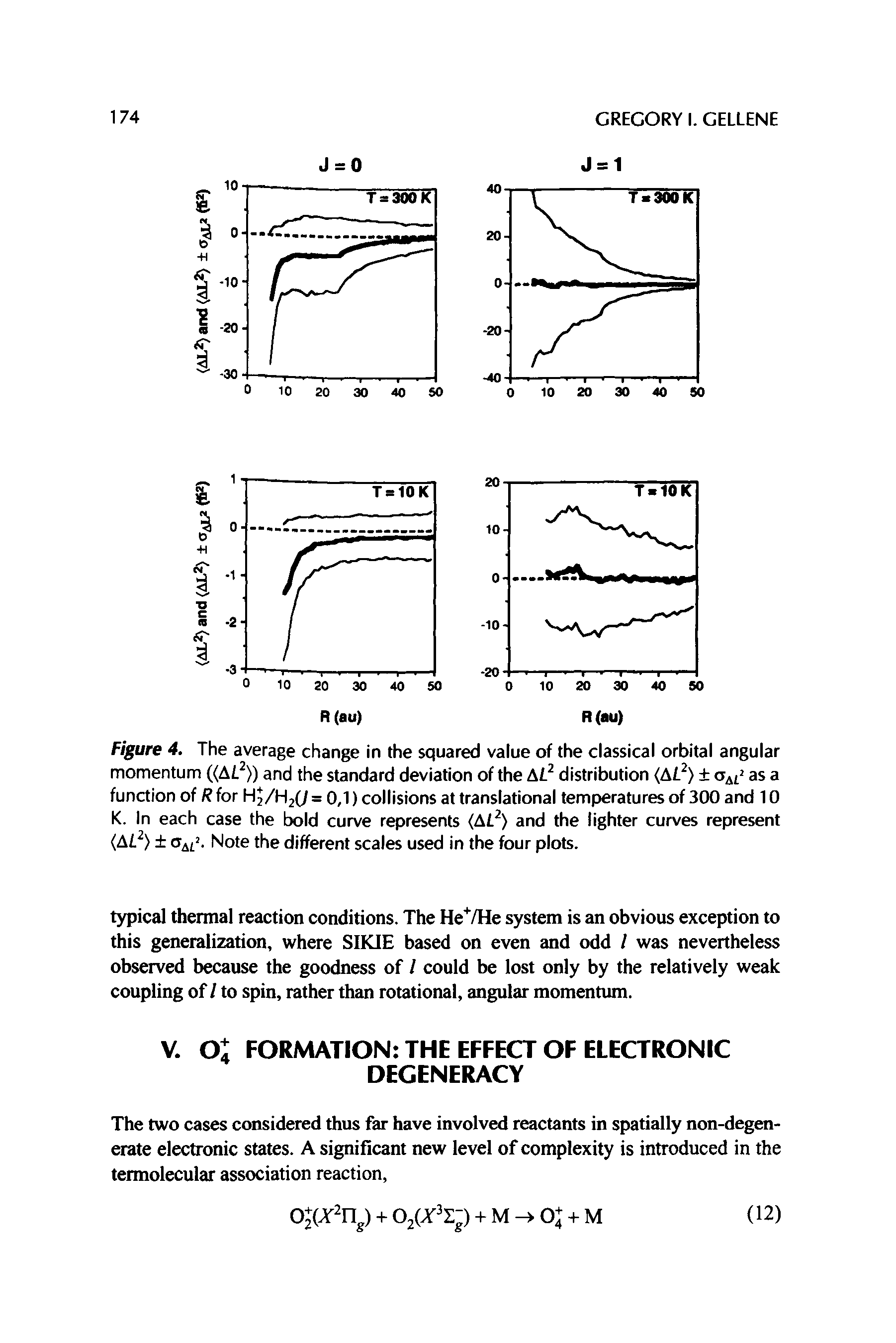 Figure 4. The average change in the squared value of the classical orbital angular momentum ((A/. )) and the standard deviation of the A/. distribution <A/. ) as a function of R for Hj/HjC/ = 0,1) collisions at translational temperatures of 300 and 10 K. In each case the bold curve represents (AL ) and the lighter curves represent (AL ) Note the different scales used in the four plots.