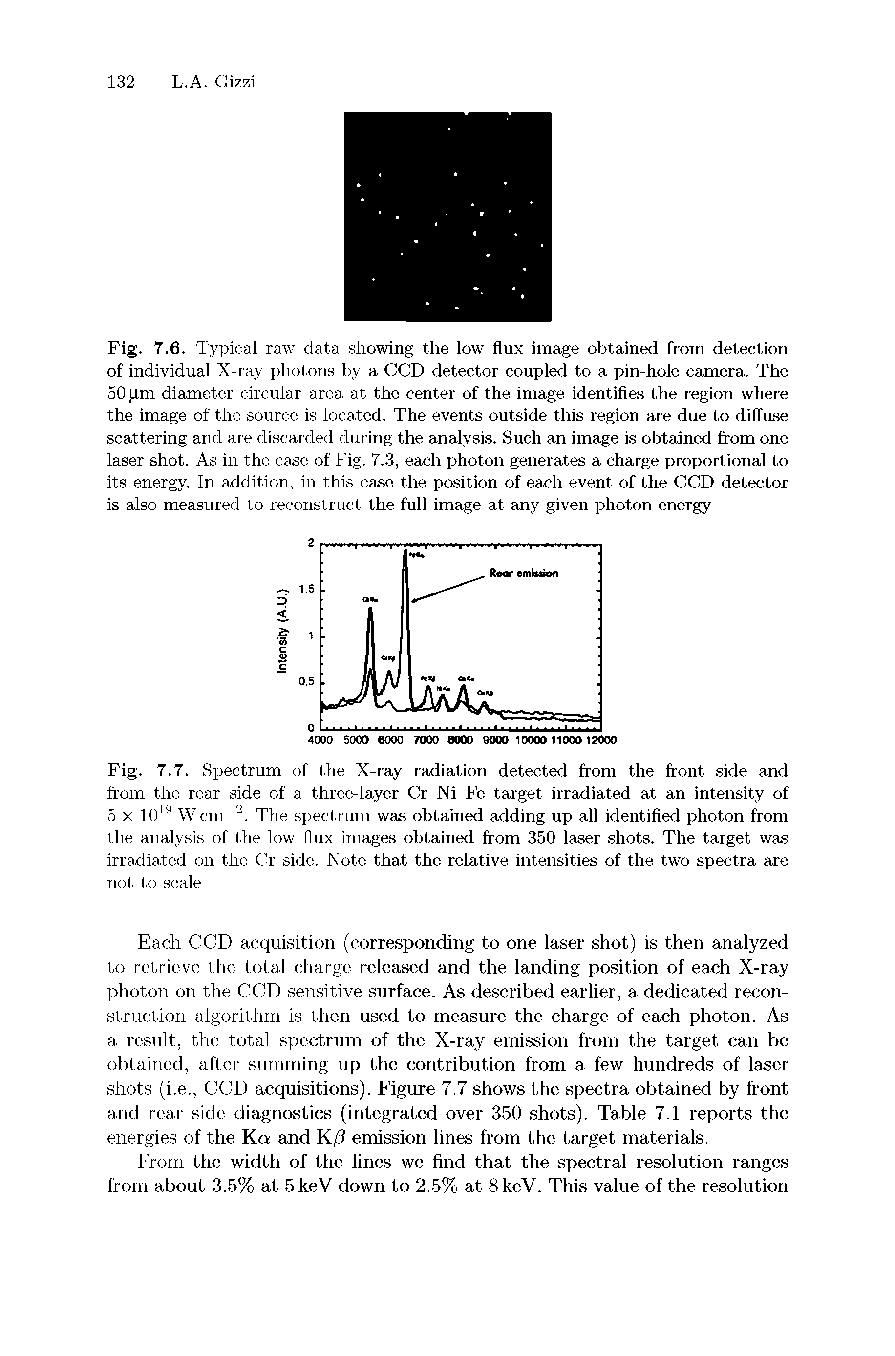 Fig. 7.7. Spectrum of the X-ray radiation detected from the front side and from the rear side of a three-layer Cr-Ni-Fe target irradiated at an intensity of 5 x 1019 W cm 2. The spectrum was obtained adding up all identified photon from the analysis of the low flux images obtained from 350 laser shots. The target was irradiated on the Cr side. Note that the relative intensities of the two spectra are not to scale...