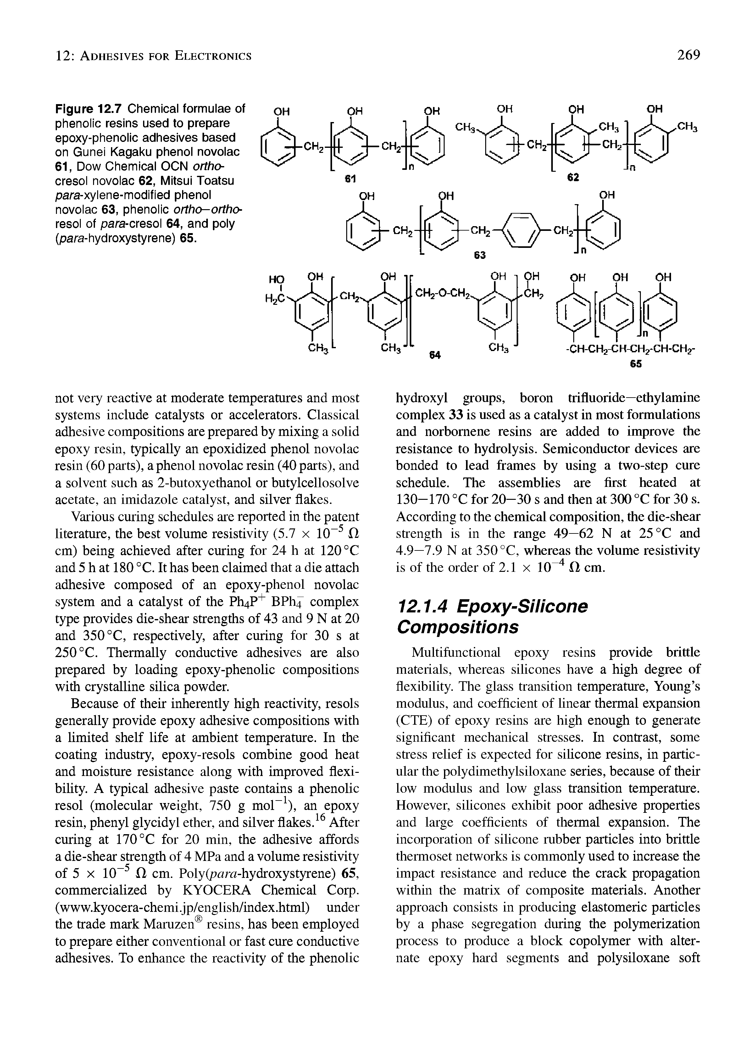 Figure 12.7 Chemical formulae of phenolic resins used to prepare epoxy-phenolic adhesives based on Gunel Kagaku phenol novolac 61, Dow Chemical OCN ortho-cresol novolac 62, Mitsui Toatsu para-xylene-modified phenol novolac 63, phenolic ortho-ortho-resol of para-cresol 64, and poly (para-hydroxystyrene) 65.