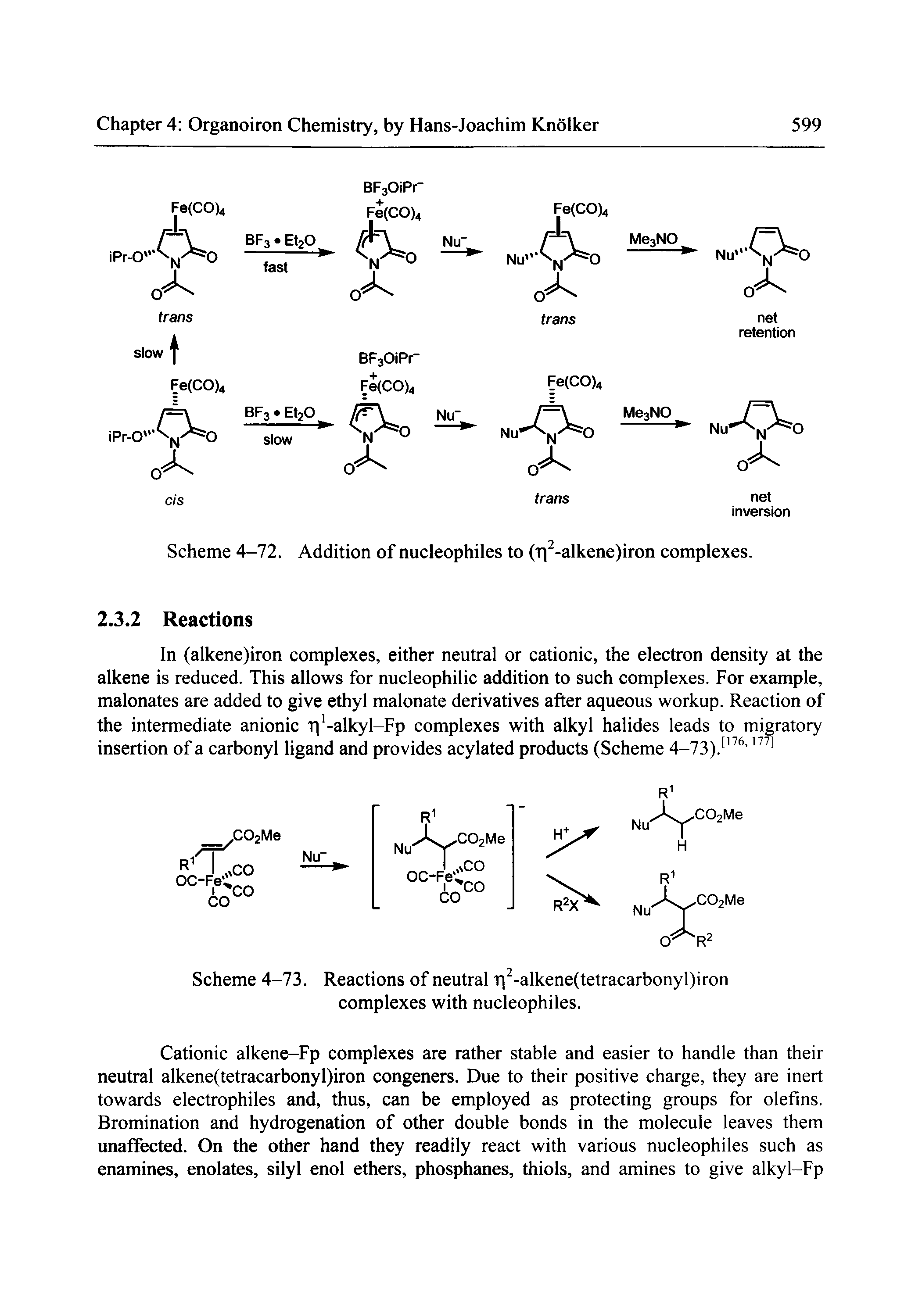 Scheme 4-73. Reactions of neutral ri -alkene(tetracarbonyl)iron complexes with nucleophiles.
