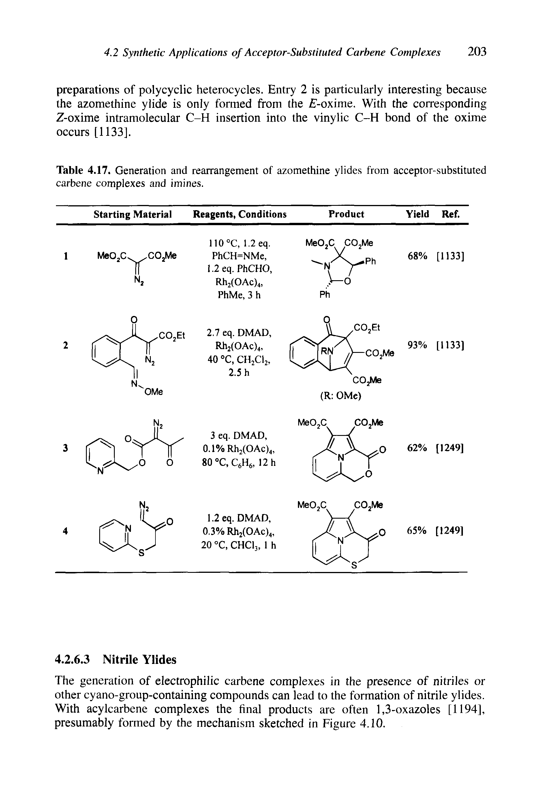 Table 4.17. Generation and rearrangement of azomethine ylides from acceptor-substituted carbene complexes and imines.