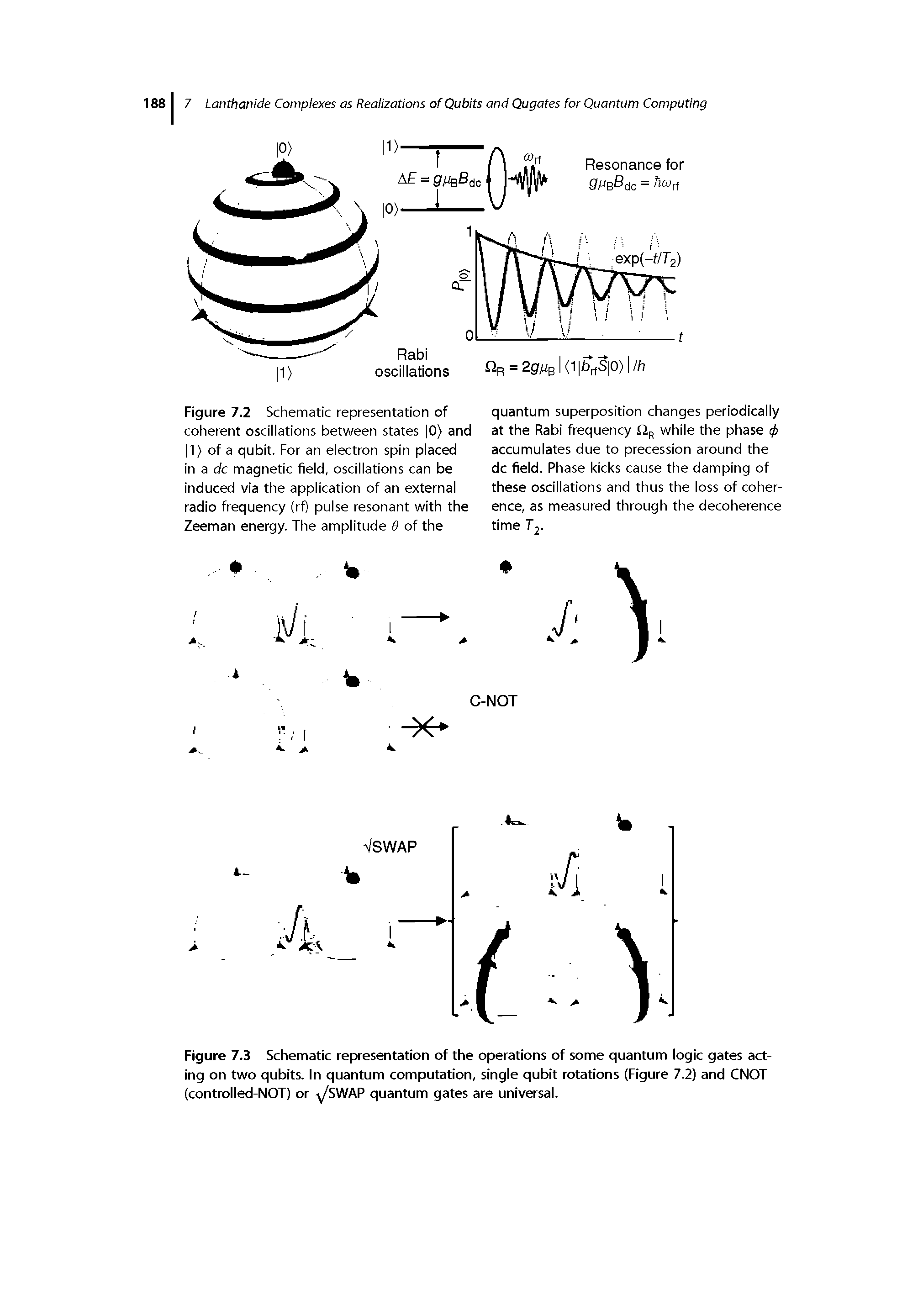 Figure 7.2 Schematic representation of coherent oscillations between states 0) and 1) of a qubit. For an electron spin placed in a dc magnetic field, oscillations can be induced via the application of an external radio frequency (rf) pulse resonant with the Zeeman energy. The amplitude 8 of the...