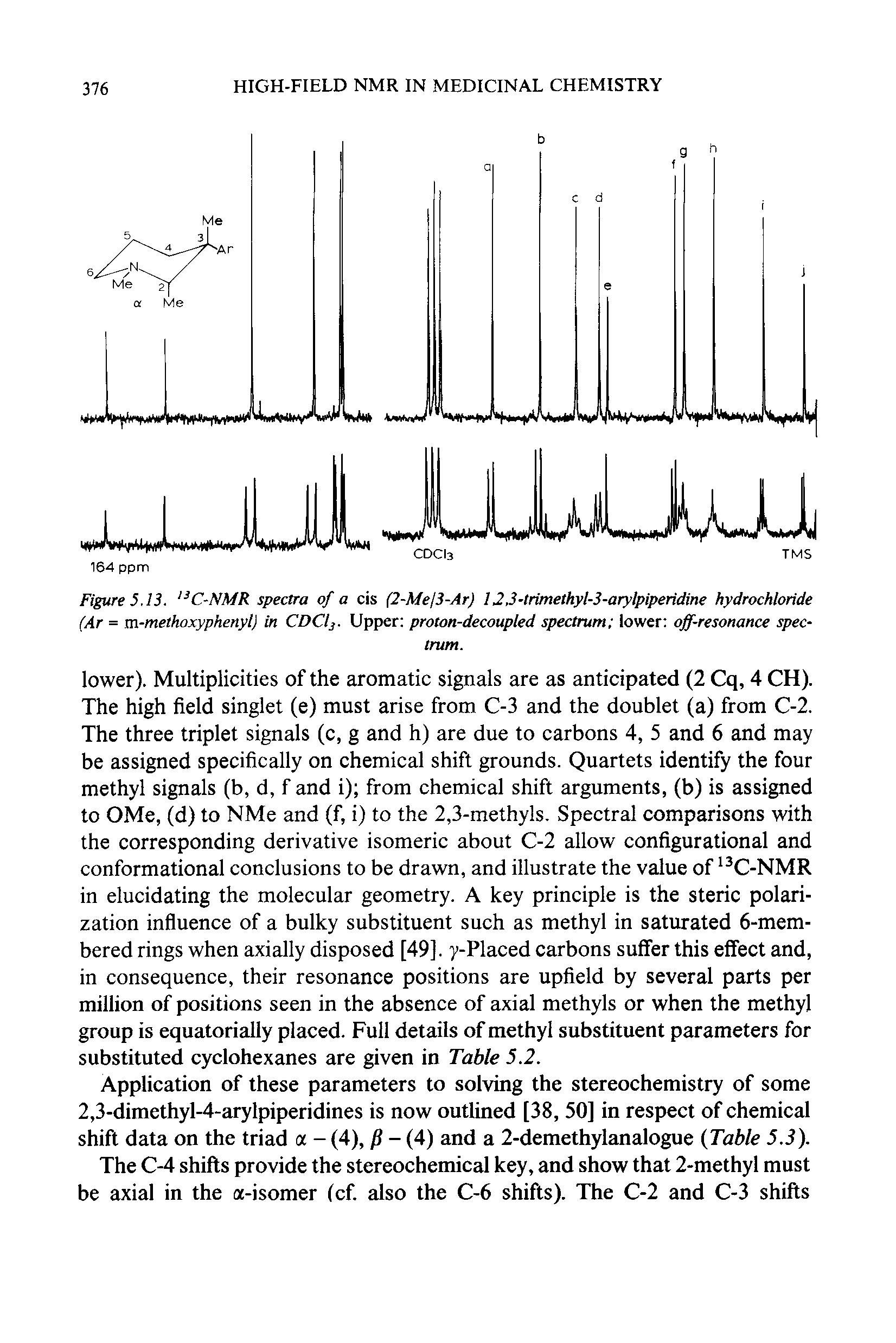 Figure 5.13. C-NMR spectra of a cis (2-Mej3-Ar) I2,3-lrimethyl-3-arylpiperidine hydrochloride (Ar = m-methoxyphenyl) in CDClj. Upper proton-decoupled spectrum lower off-resonance spectrum.
