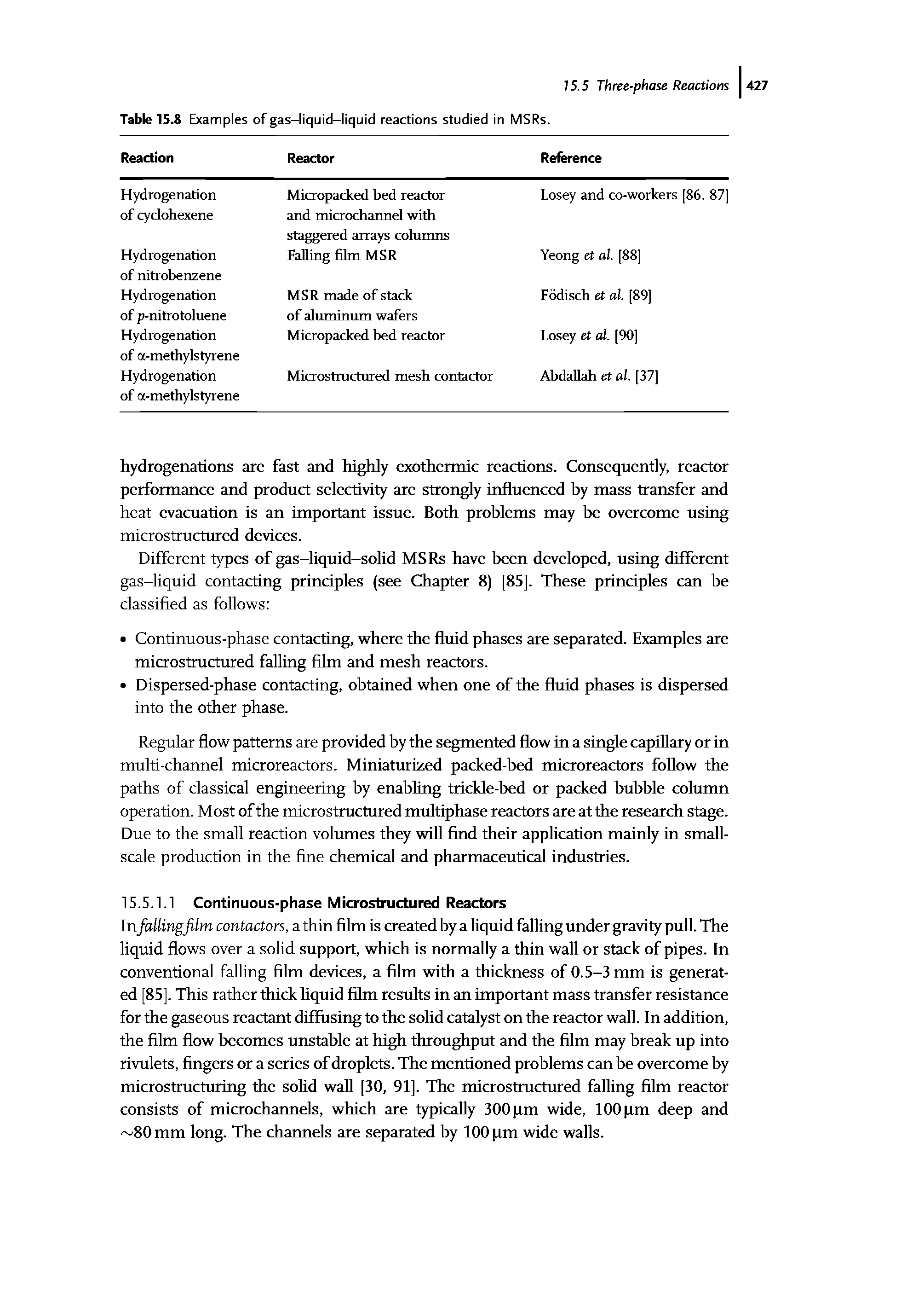 Table 15.8 Examples of gas-liquid-liquid reactions studied in MSRs.