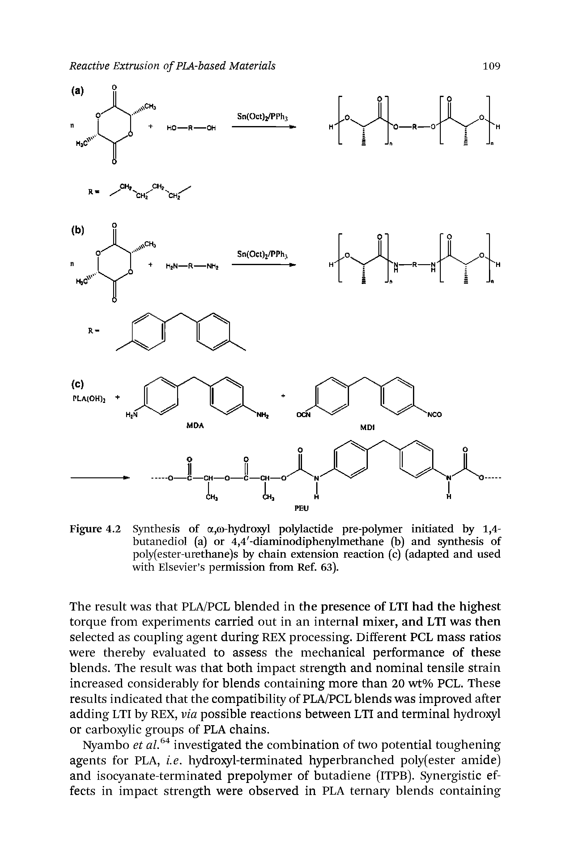 Figure 4.2 Synthesis of a,tB-hydro3g l polylactide pre-pol3Tner initiated by 1,4-butanediol (a) or 4,4 -diaininodiphenylmethane (b) and qmthesis of poly(ester-urethane)s by chain extension reaction (c) (adapted and used...