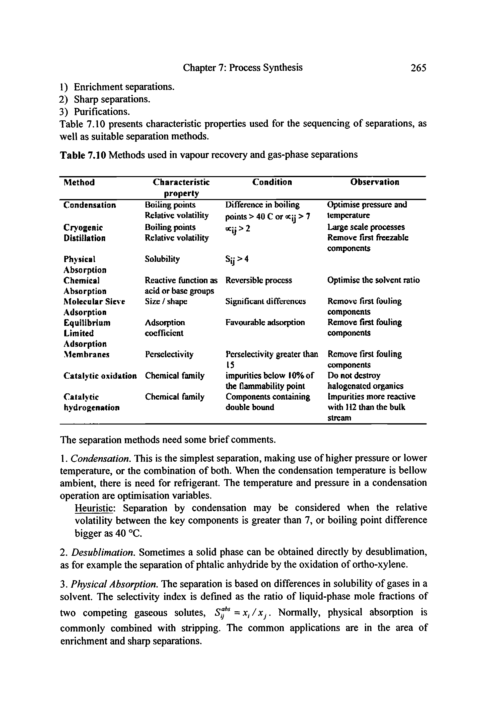 Table 7.10 Methods used in vapour recovery and gas-phase separations...