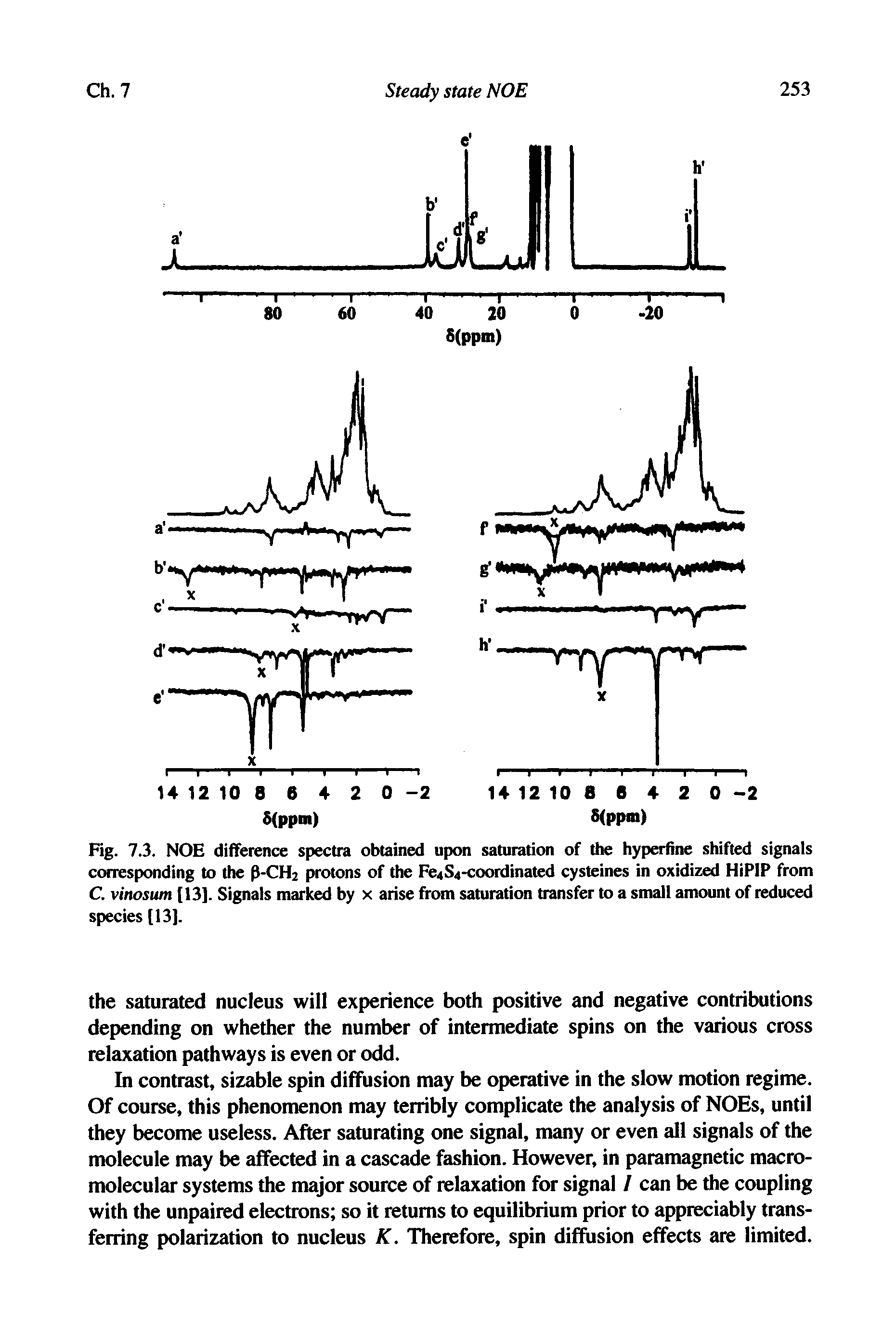 Fig. 7.3. NOE difference spectra obtained upon saturation of the hyperfine shifted signals corresponding to the P-CH2 protons of the Fe4S4-coordinated cysteines in oxidized HiPIP from C. vinosum [13]. Signals marked by x arise from saturation transfer to a small amount of reduced species [13].