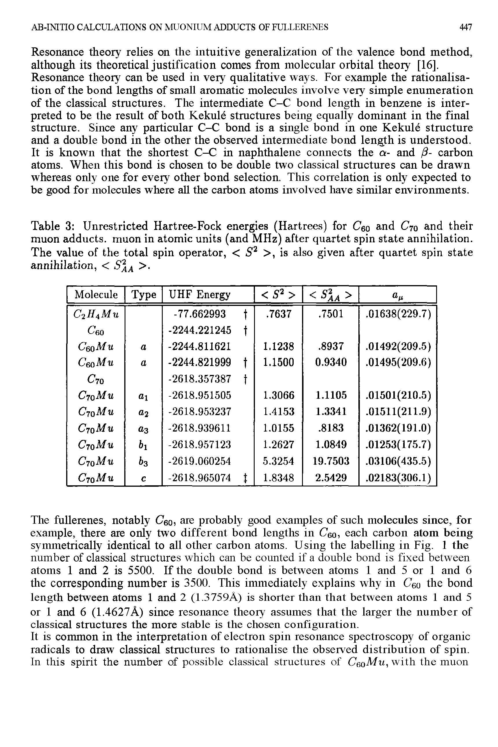 Table 3 Unrestricted Hartree-Fock energies (Hartrees) for Ceo and C70 and their muon adducts, muon in atomic units (and MHz) after quartet spin state annihilation. The value of the total spin operator, < >, is also given after quartet spin state...