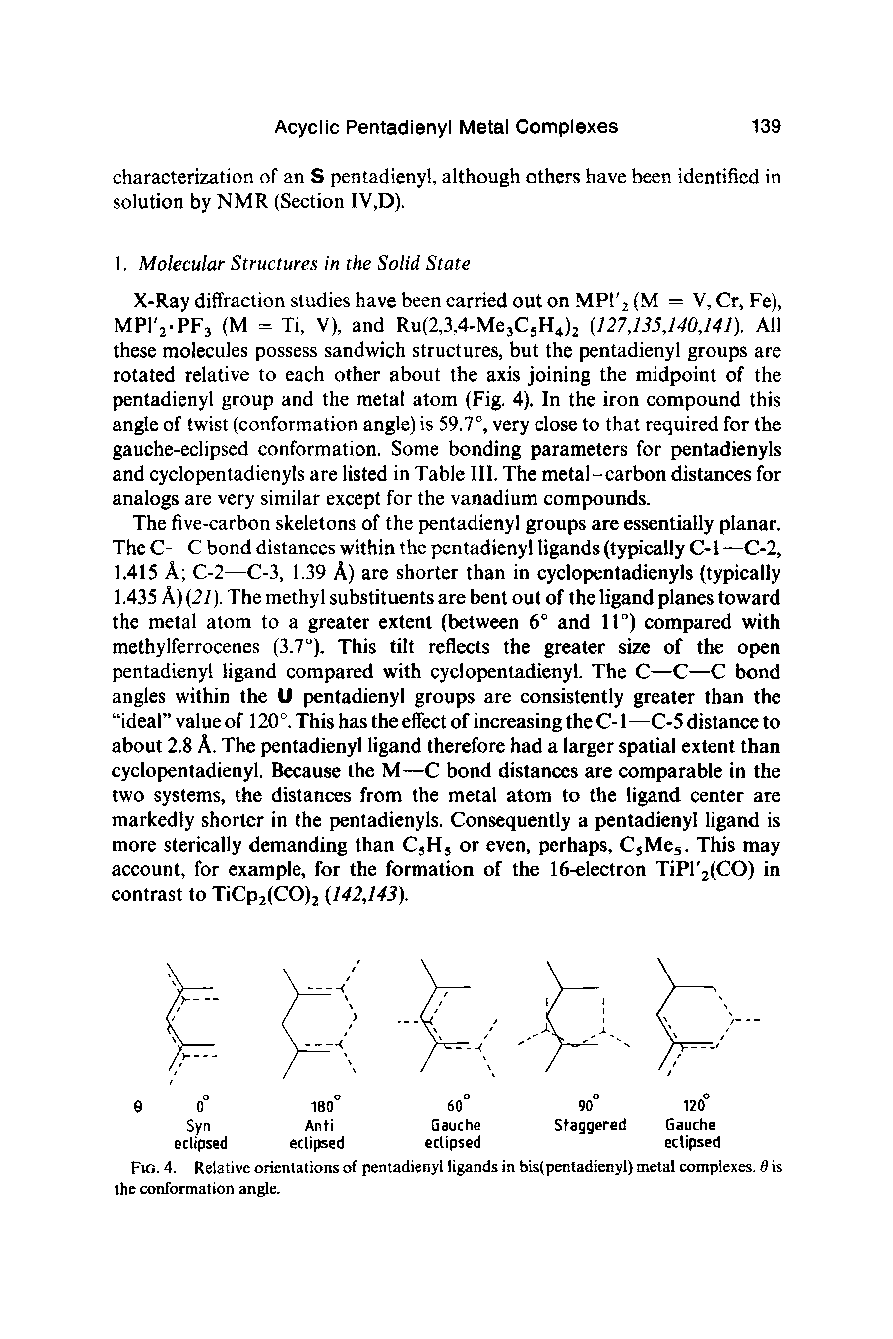 Fig. 4. Relative orientations of pentadienyl ligands in bis(pentadienyl) metal complexes. 9 is the conformation angle.