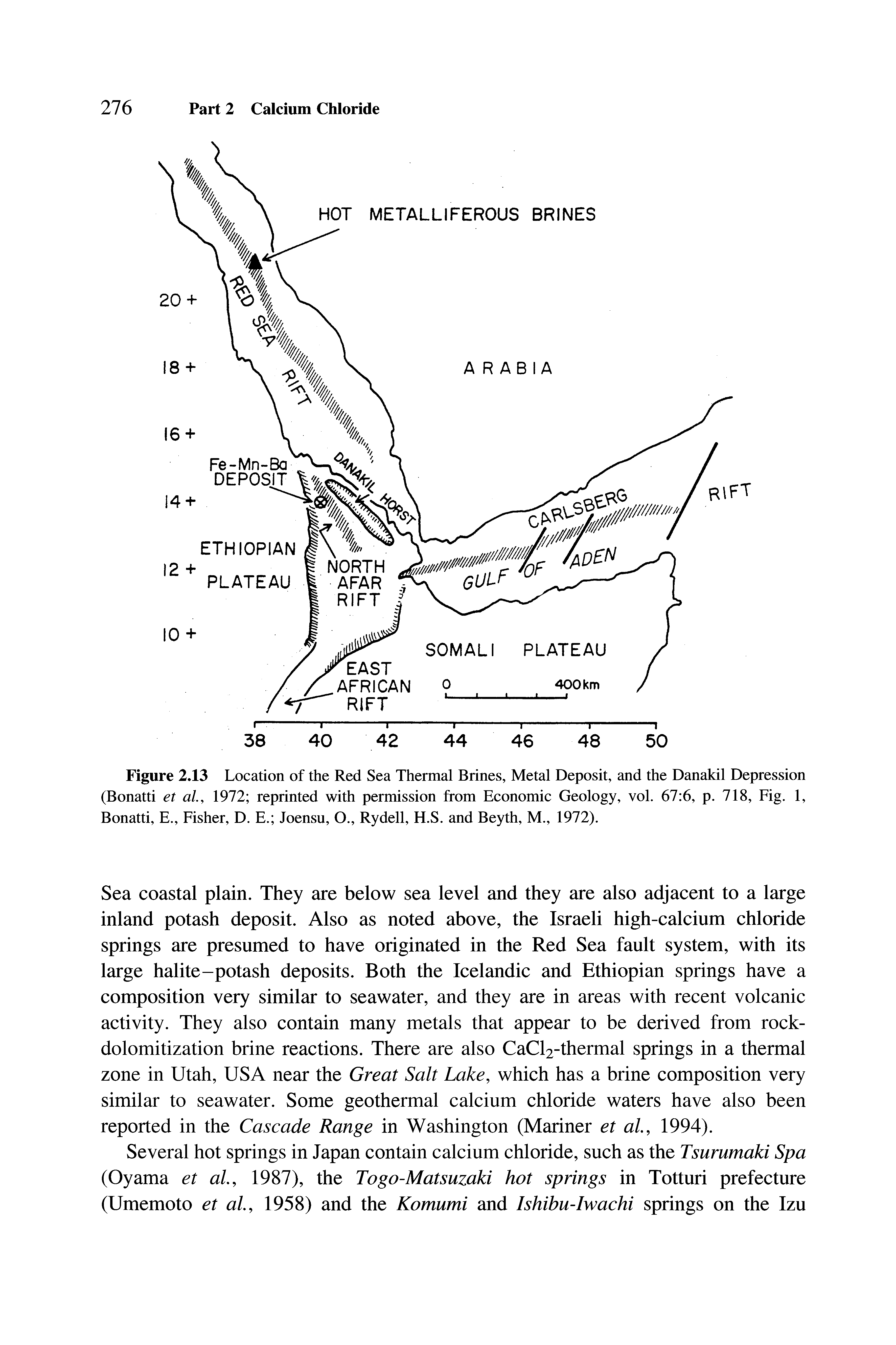 Figure 2.13 Location of the Red Sea Thermal Brines, Metal Deposit, and the Danakil Depression (Bonatti et al, 1972 reprinted with permission from Economic Geology, vol. 67 6, p. 718, Fig. 1, Bonatti, E., Fisher, D. E. Joensu, O., Rydell, H.S. and Beyth, M., 1972).