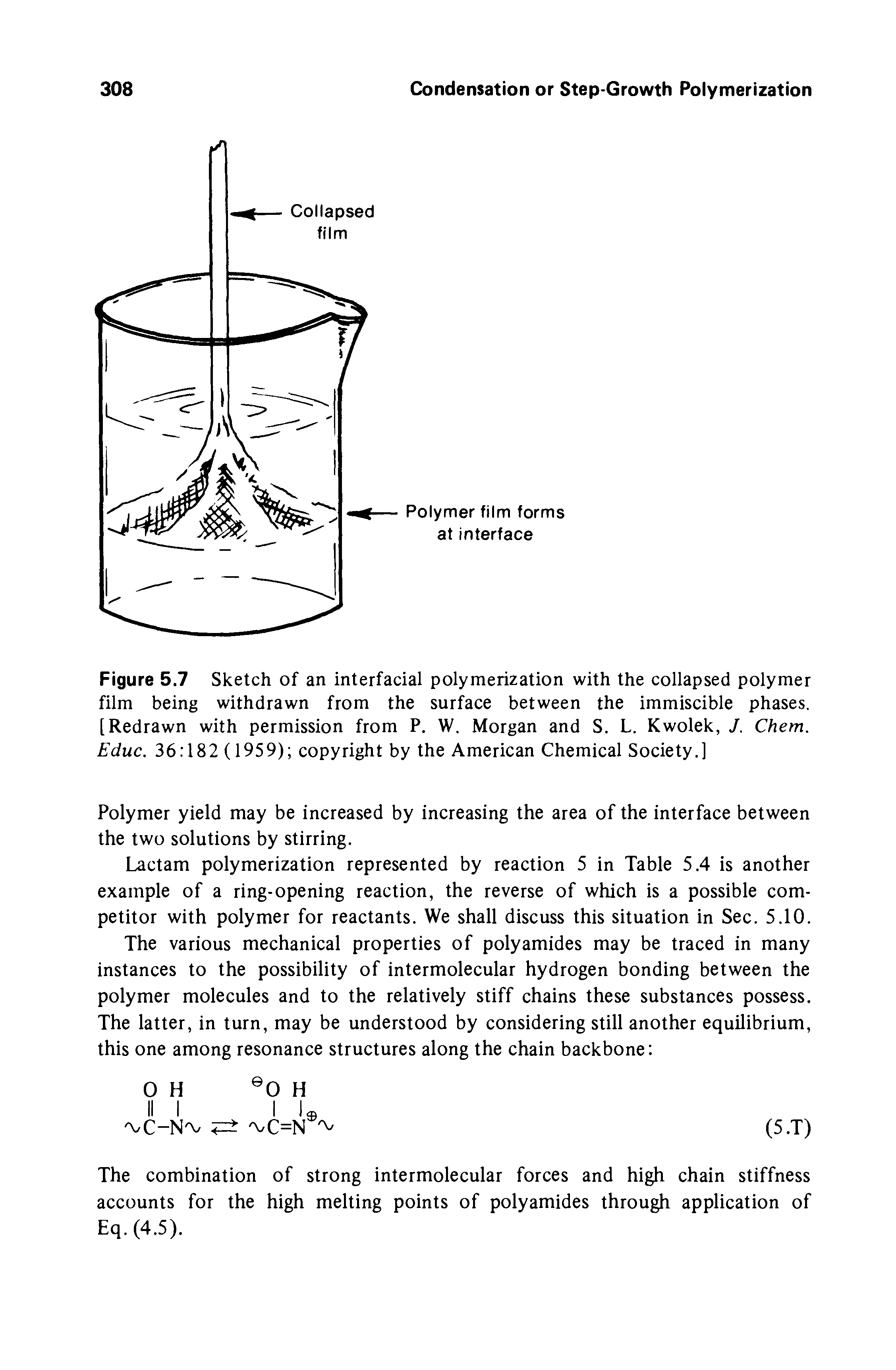 Figure 5.7 Sketch of an interfacial polymerization with the collapsed polymer film being withdrawn from the surface between the immiscible phases. [Redrawn with permission from P. W, Morgan and S. L. Kwolek, J. Chem. Educ. 36 182 (1959) copyright by the American Chemical Society.]...