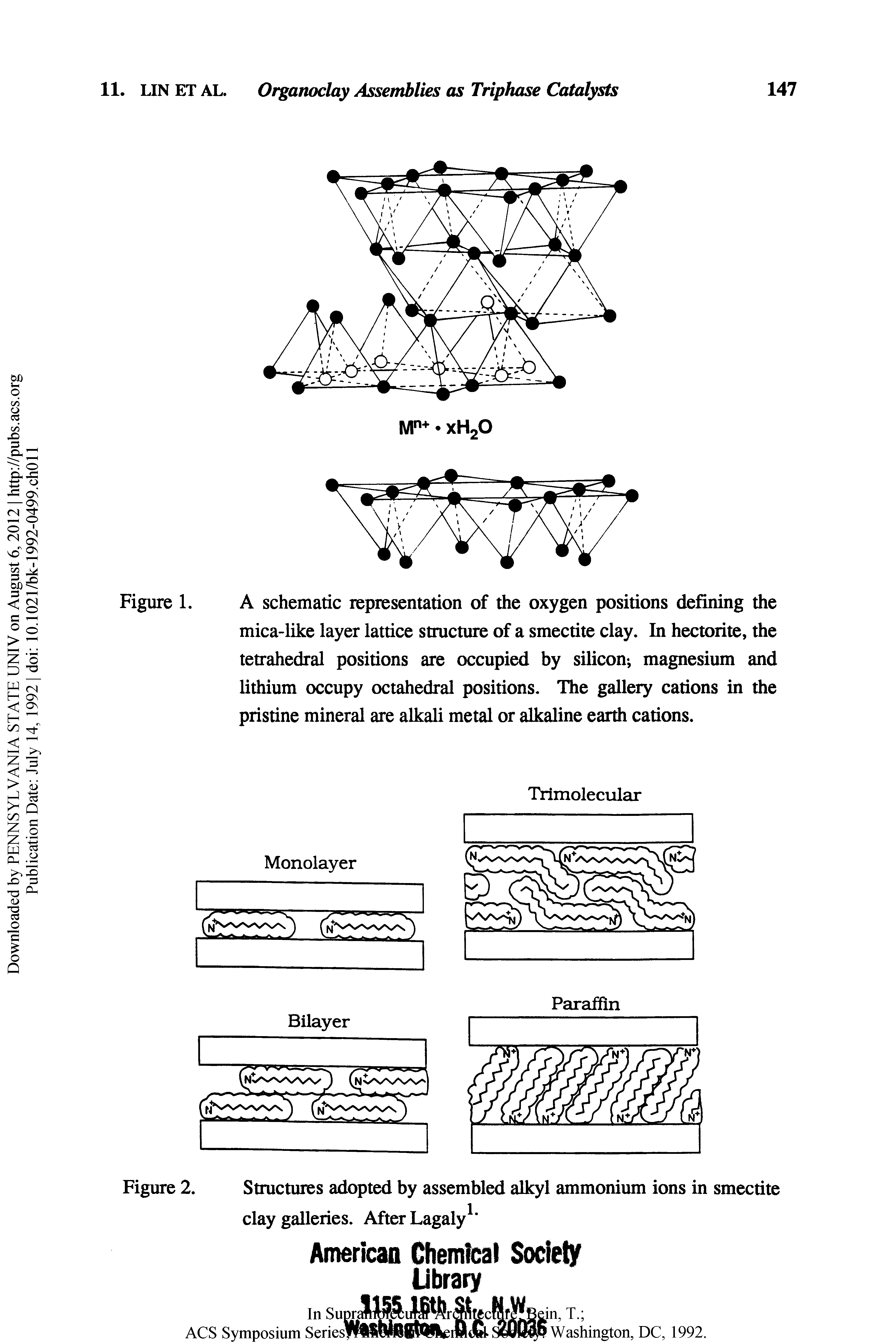 Figure 1. A schematic representation of the oxygen positions defining the mica-like layer lattice structure of a smectite clay. In hectorite, the tetrahedral positions are occupied by silicon, magnesium and lithium occupy octahedral positions. The gallery cations in the pristine mineral are alkali metal or alkaline earth cations.