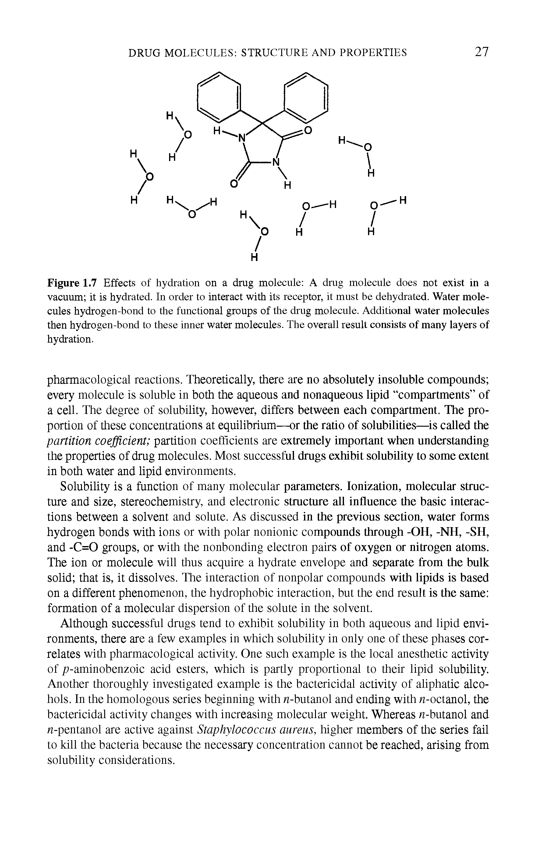 Figure 1.7 Effects of hydration on a drug molecule A drug molecule does not exist in a vacuum it is hydrated. In order to interact with its receptor, it must be dehydrated. Water molecules hydrogen-bond to the functional groups of the drug molecule. Additional water molecules then hydrogen-bond to these inner water molecules. The overall result consists of many layers of hydration.