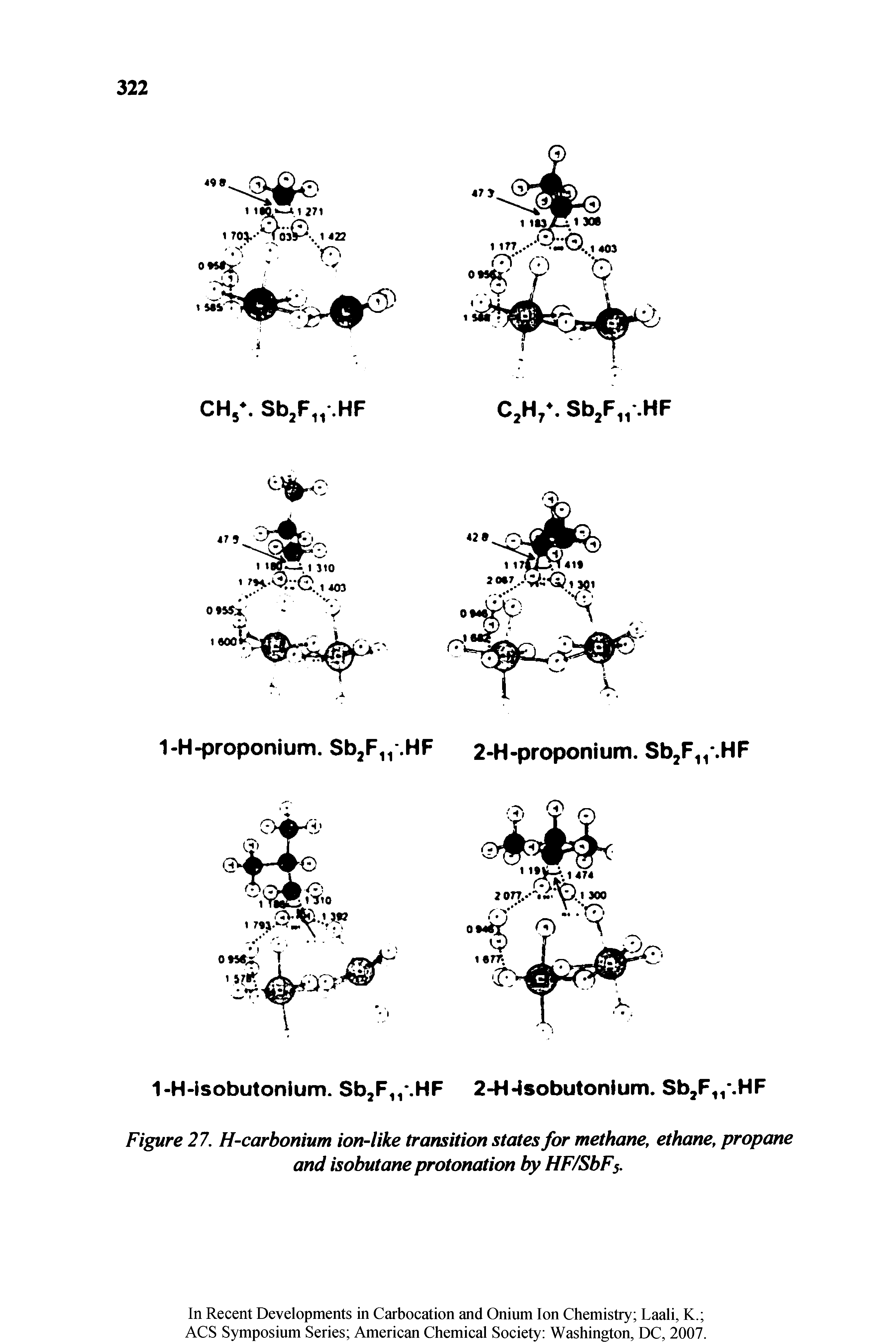 Figure 27. H-carbonium ion-like transition states for methane, ethane, propane and isobutane protonation by HF/SbFs.