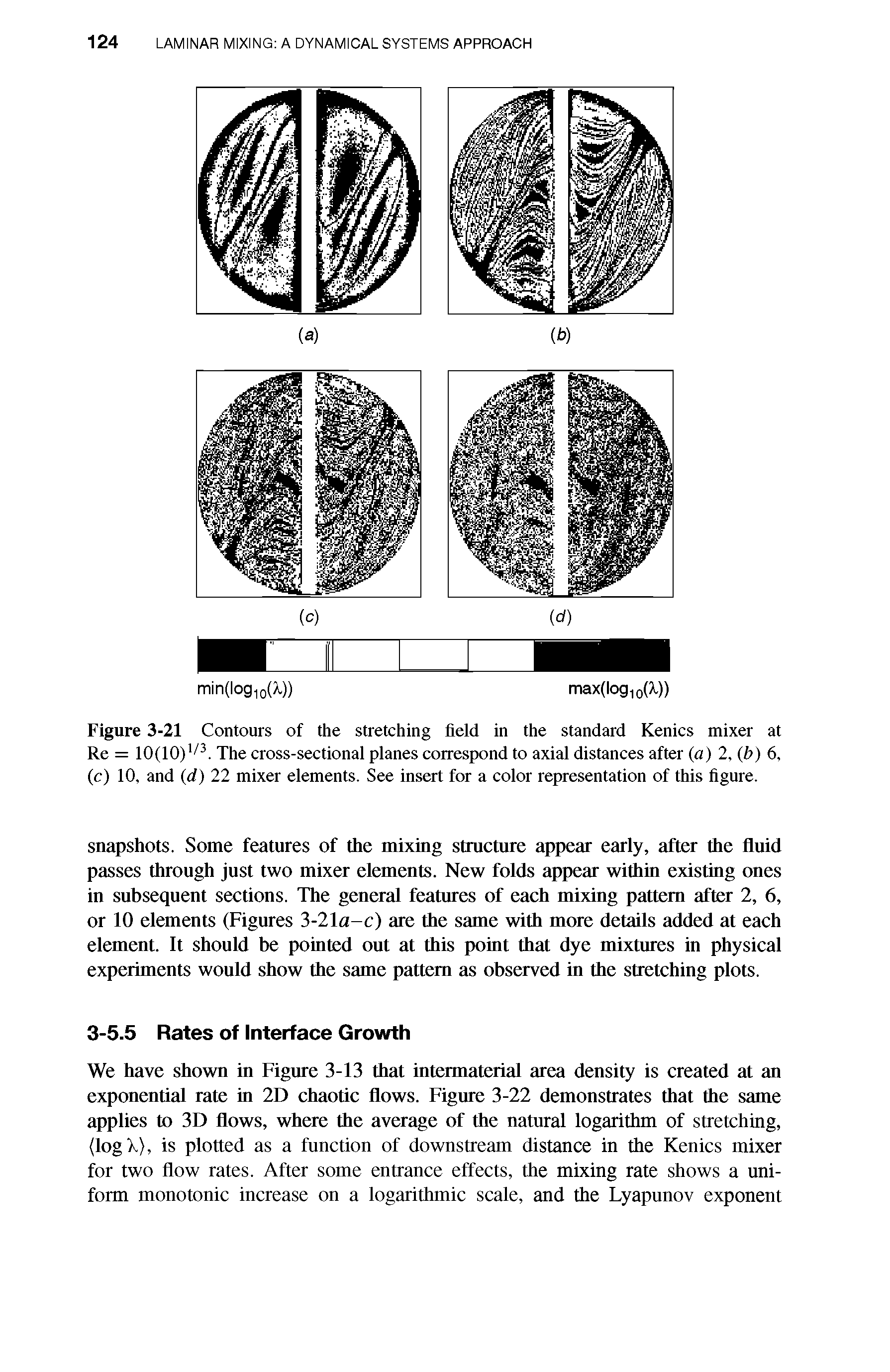 Figure 3-21 Contours of the stretching field in the standard Kenics mixer at Re = 10(10). The cross-sectional planes correspond to axial distances after (<z) 2, b) 6, (c) 10, and d) 22 mixer elements. See insert for a color representation of this figure.