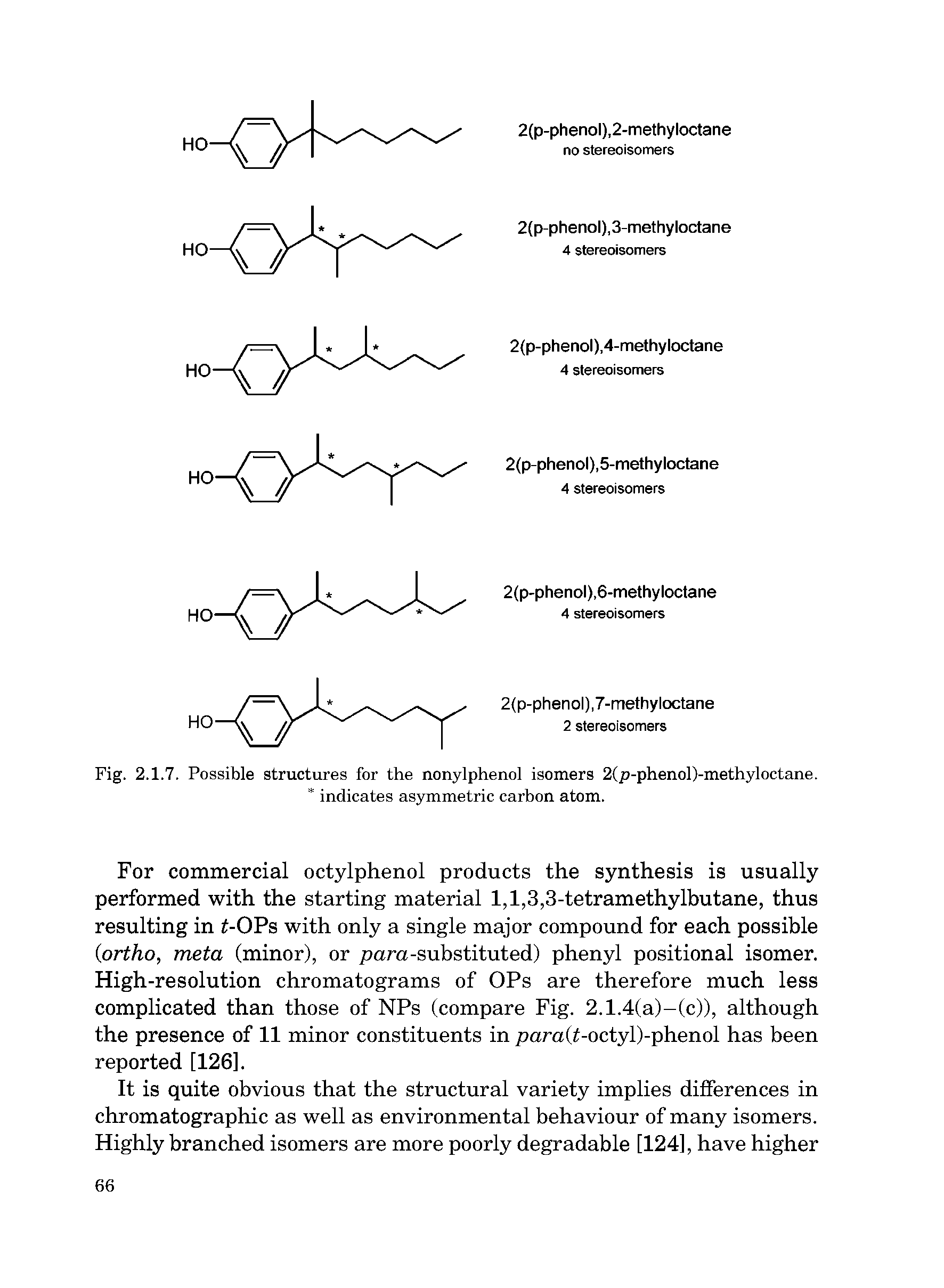 Fig. 2.1.7. Possible structures for the nonylphenol isomers 2(p-phenol)-methyloctane. indicates asymmetric carbon atom.